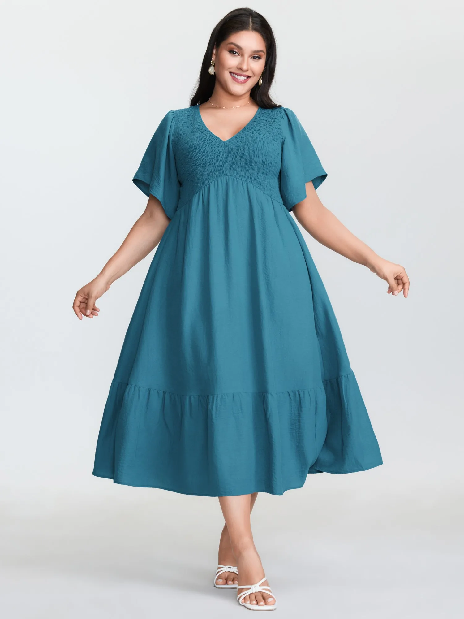 Shirred Bodice Ruffled Hem Midi Dress sold by Bloomchic