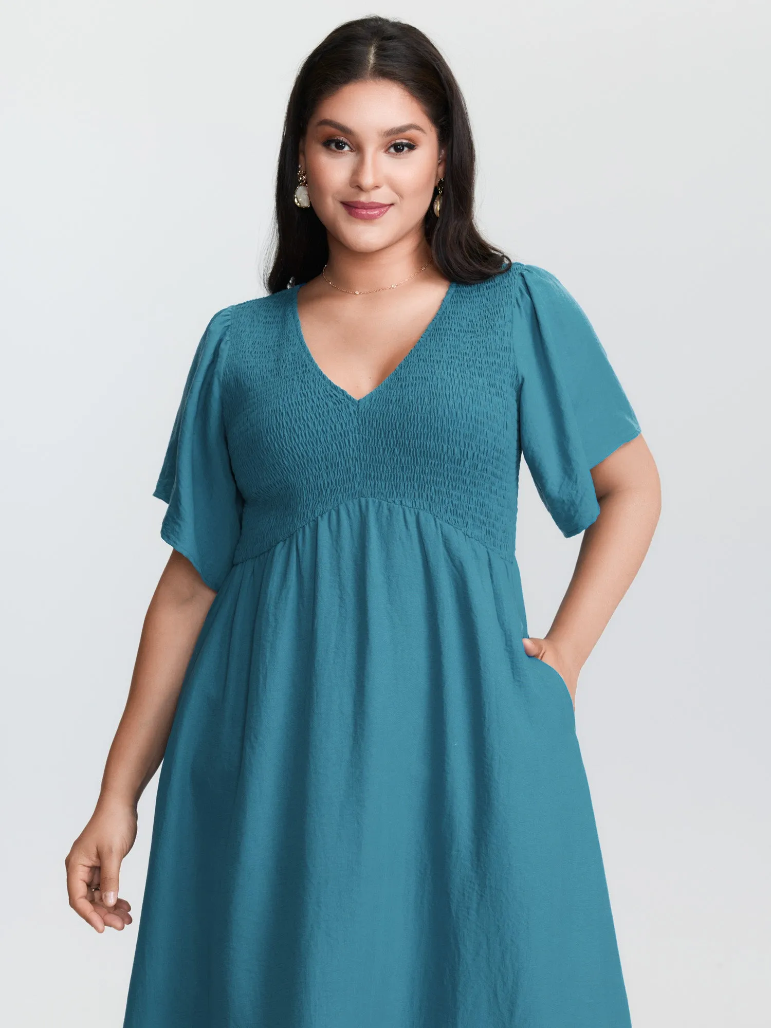 Shirred Bodice Ruffled Hem Midi Dress sold by Bloomchic product image thumbnail 2