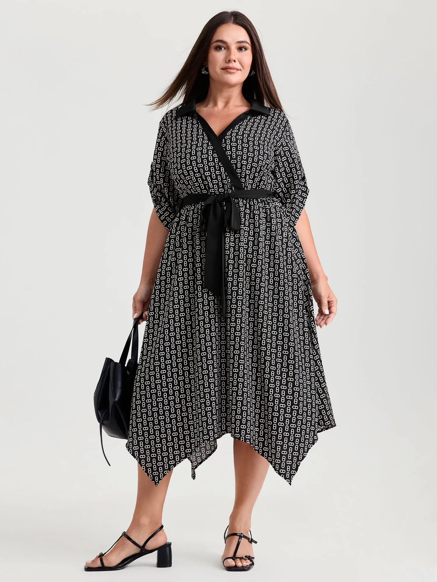 Monochrome Geometric Print Waist-Tie Collar Midi Dress sold by Bloomchic product image thumbnail 3