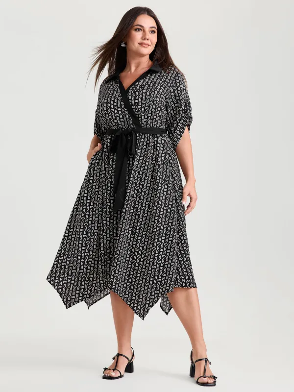 Monochrome Geometric Print Waist-Tie Collar Midi Dress made by Bloomchic