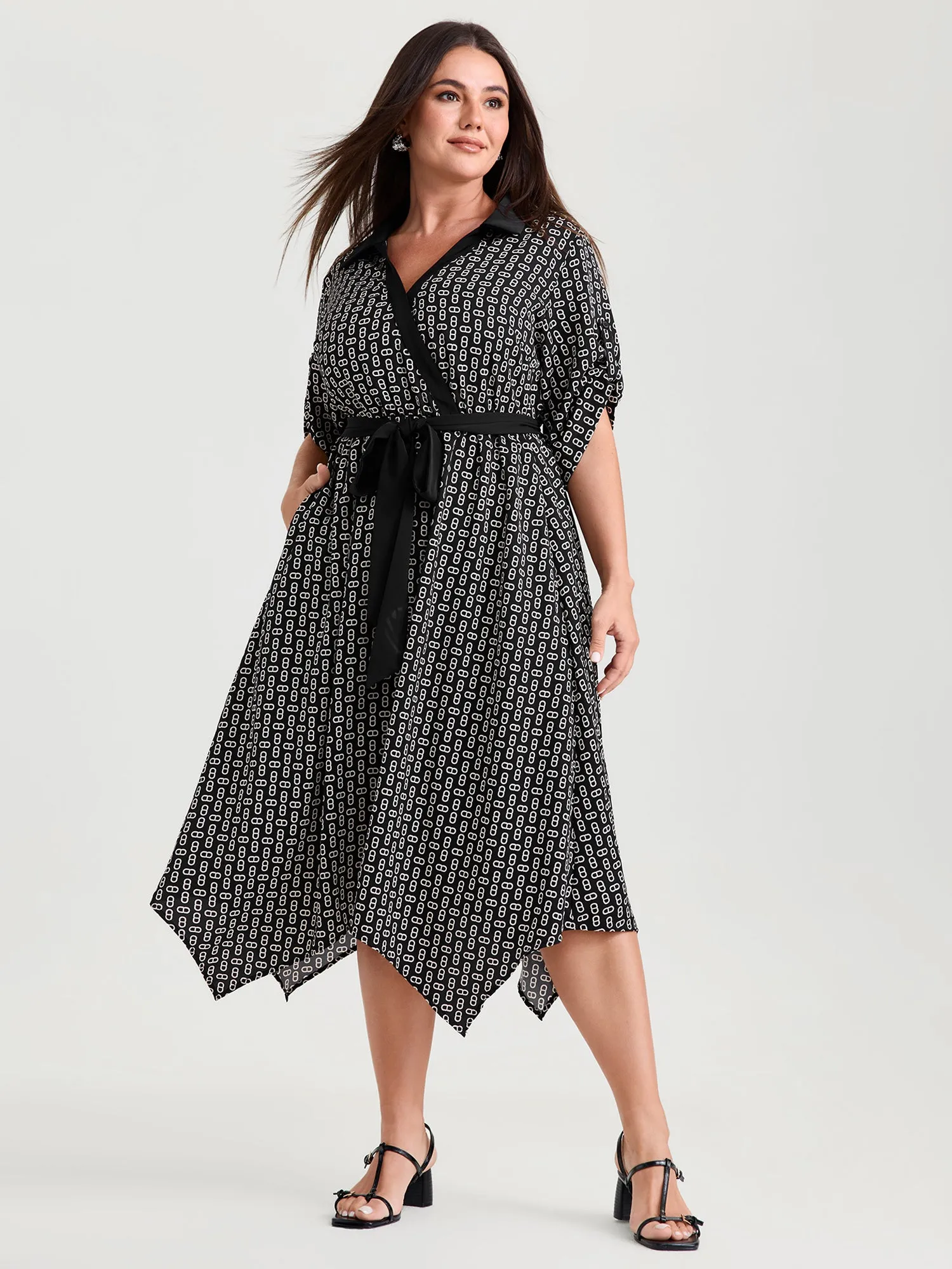 Monochrome Geometric Print Waist-Tie Collar Midi Dress sold by Bloomchic