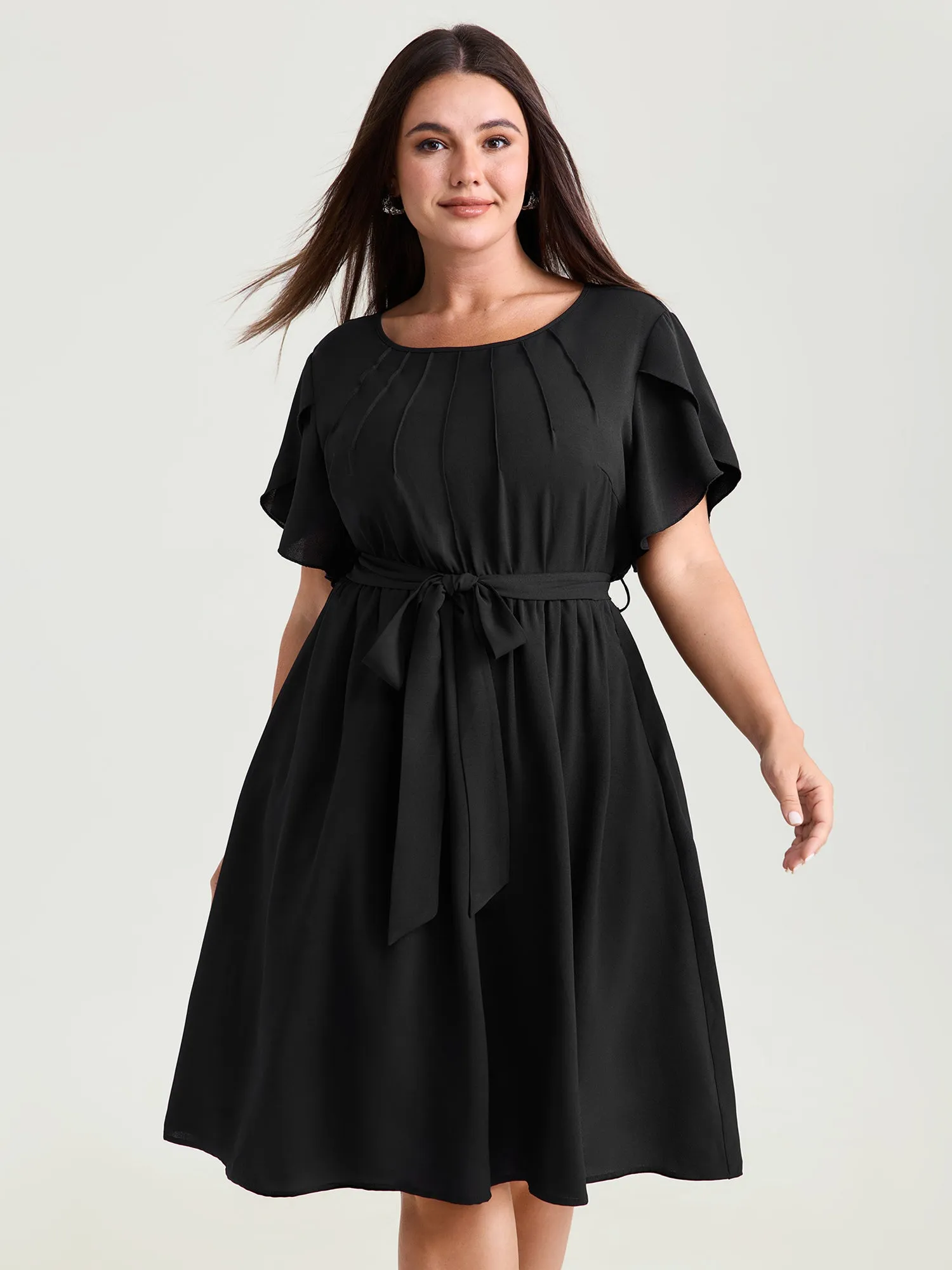 Timeless Waist-Tie Pleated Detail Mini Dress sold by Bloomchic