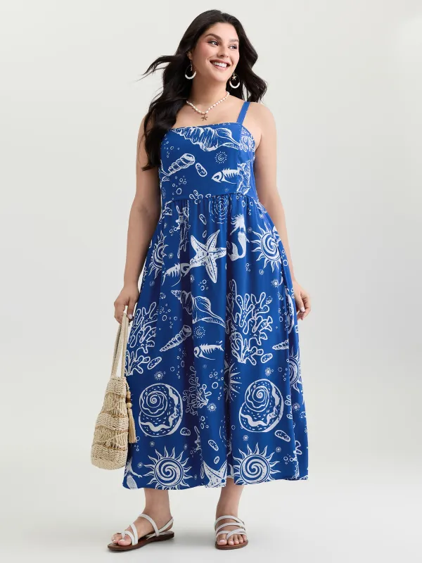Ocean Print Shirred Adjustable Strap Maxi Dress made by Bloomchic