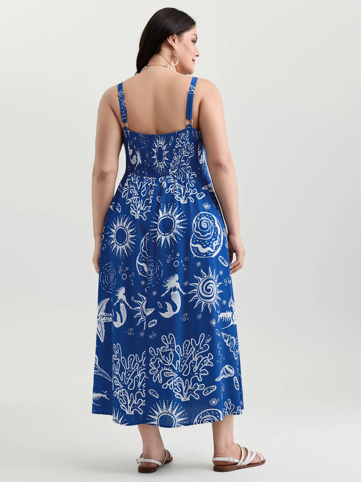 Ocean Print Shirred Adjustable Strap Maxi Dress sold by Bloomchic product image thumbnail 4
