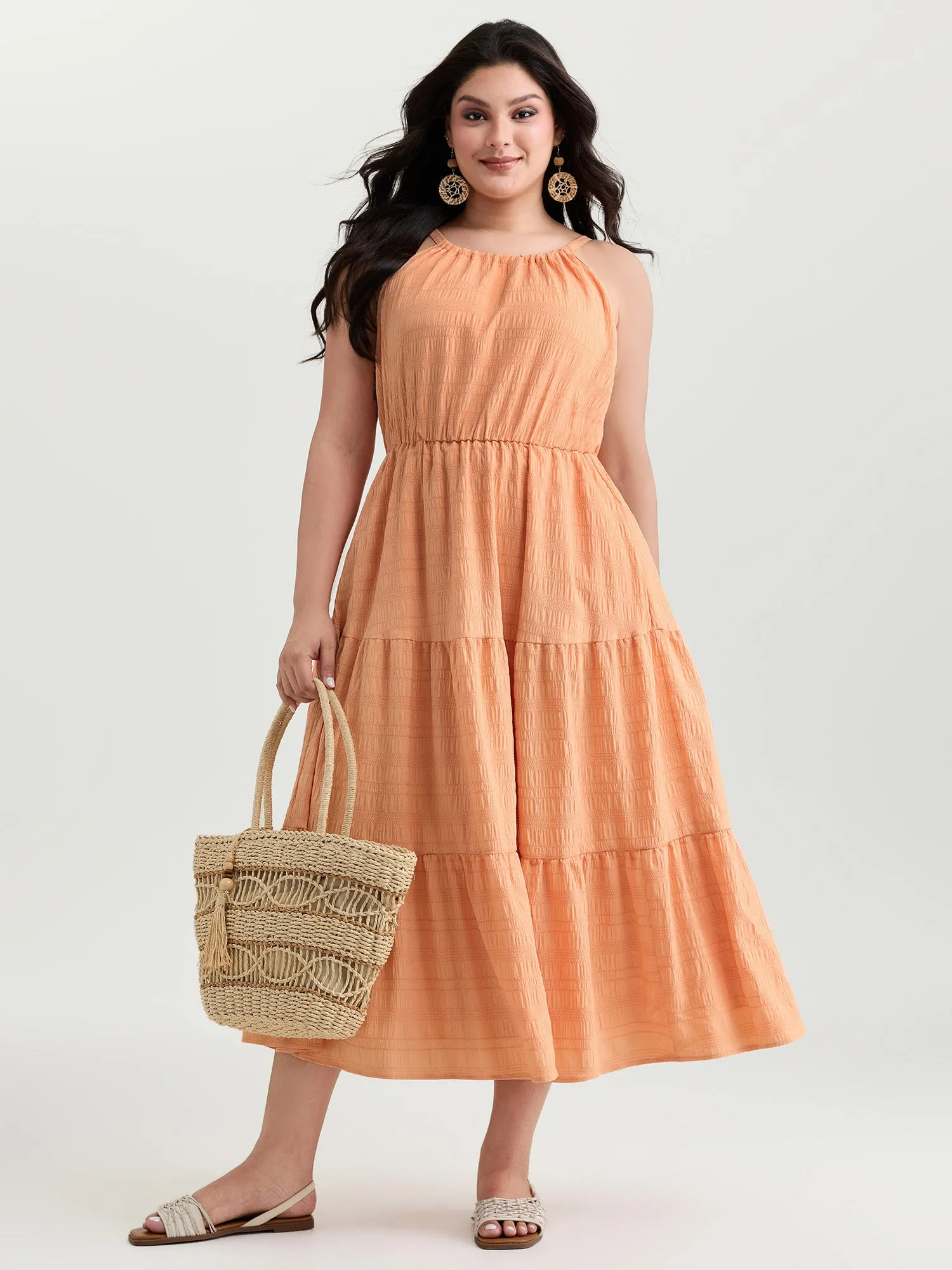 Breezy Halter-Neckline Tiered Midi Dress sold by Bloomchic