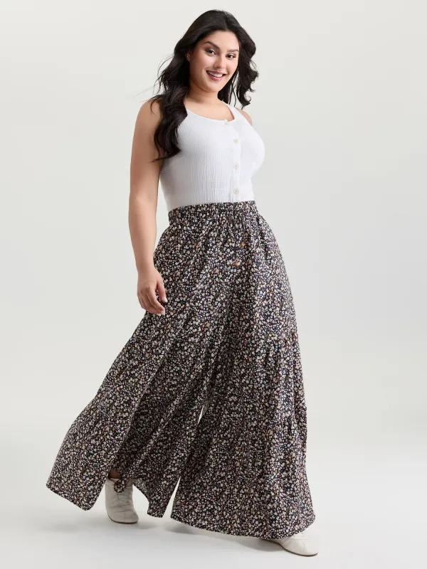 Micro Floral Print Wide Waistband Pants made by Bloomchic