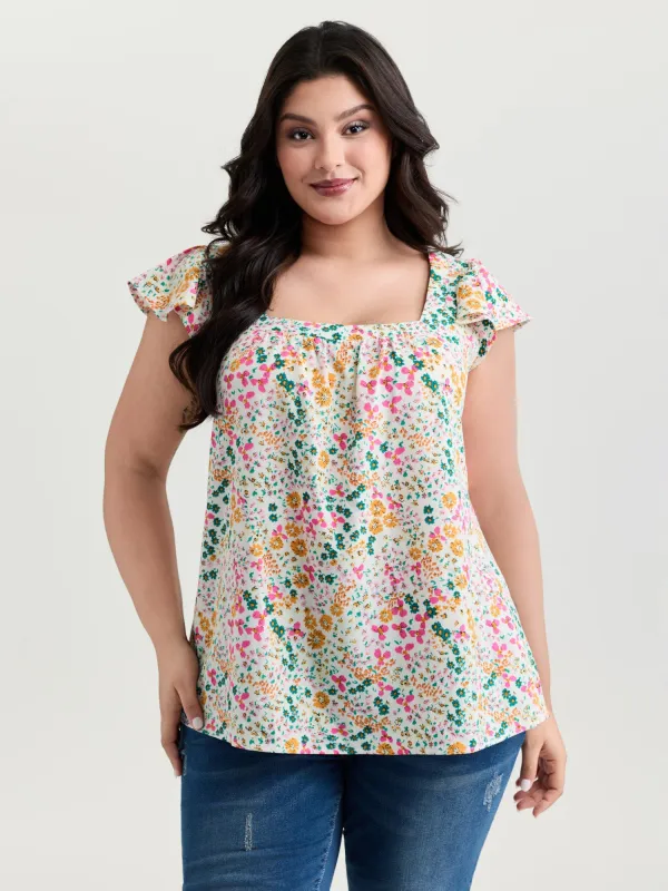 Bright Floral Print Flutter Sleeve Blouse sold by Bloomchic