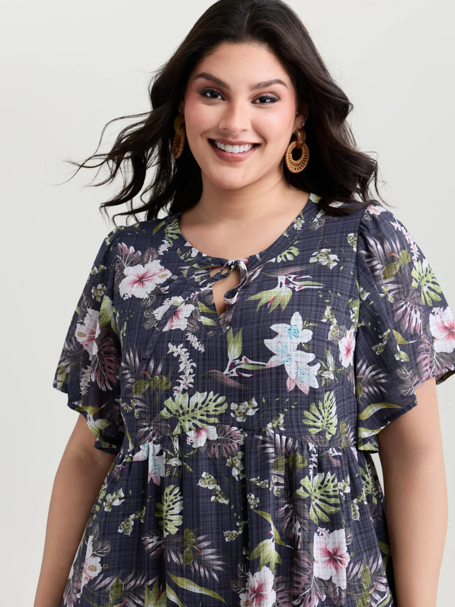 Floral Print Drawstring Split Neckline Blouse sold by Bloomchic product image thumbnail 3