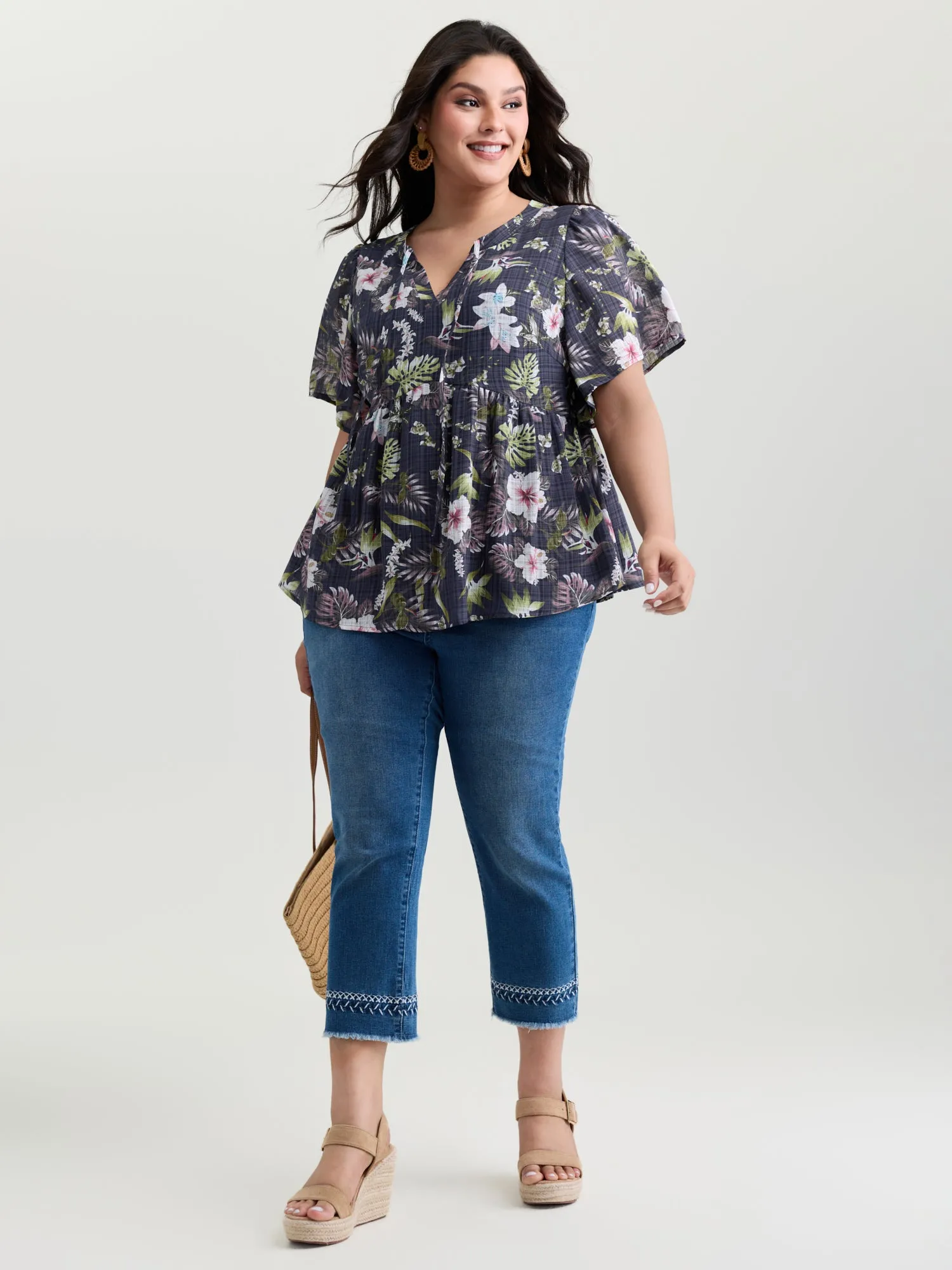 Floral Print Drawstring Split Neckline Blouse sold by Bloomchic product image thumbnail 2