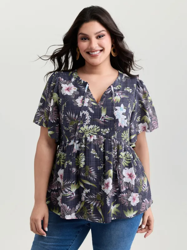Floral Print Drawstring Split Neckline Blouse sold by Bloomchic