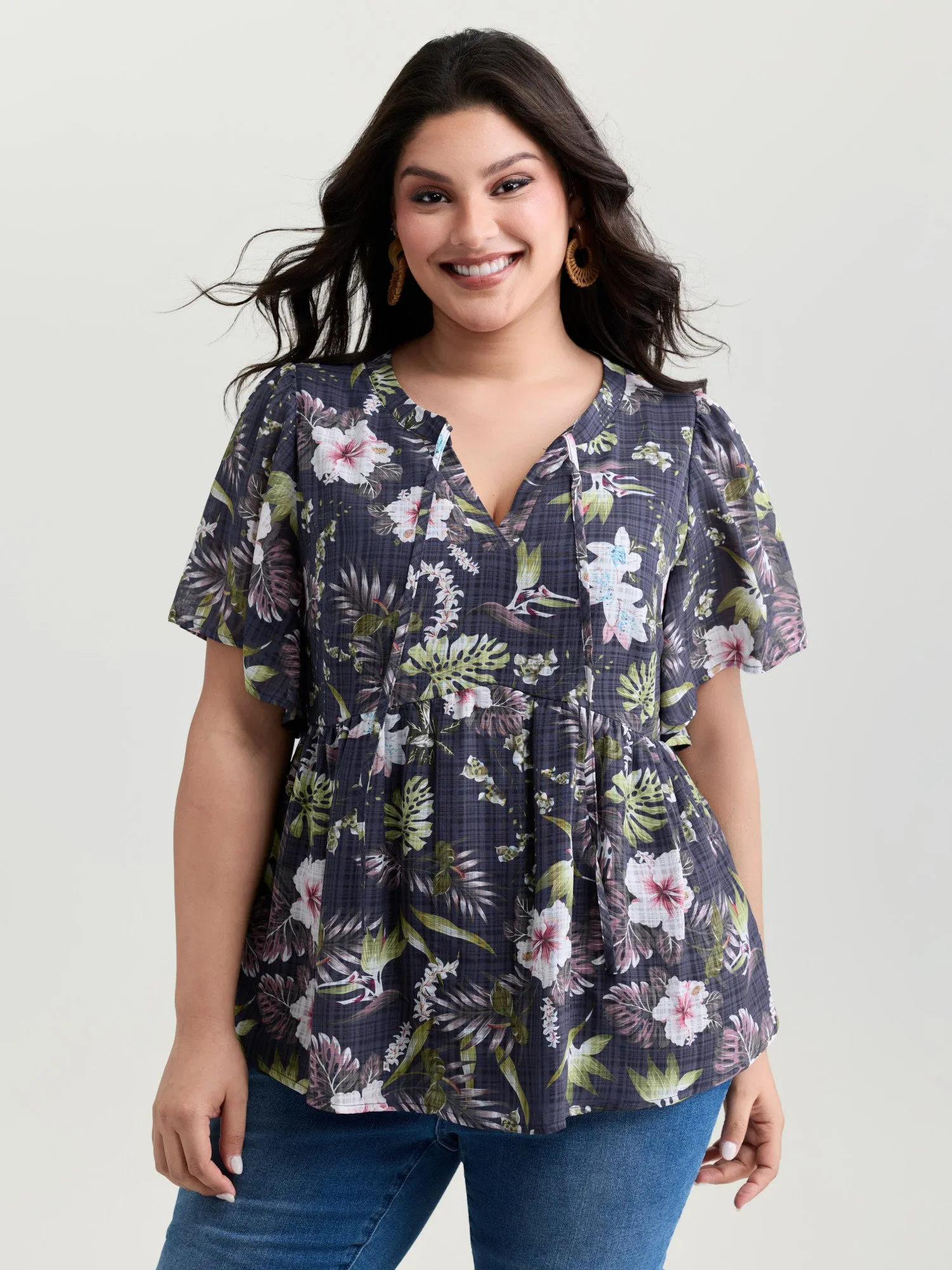 Floral Print Drawstring Split Neckline Blouse sold by Bloomchic