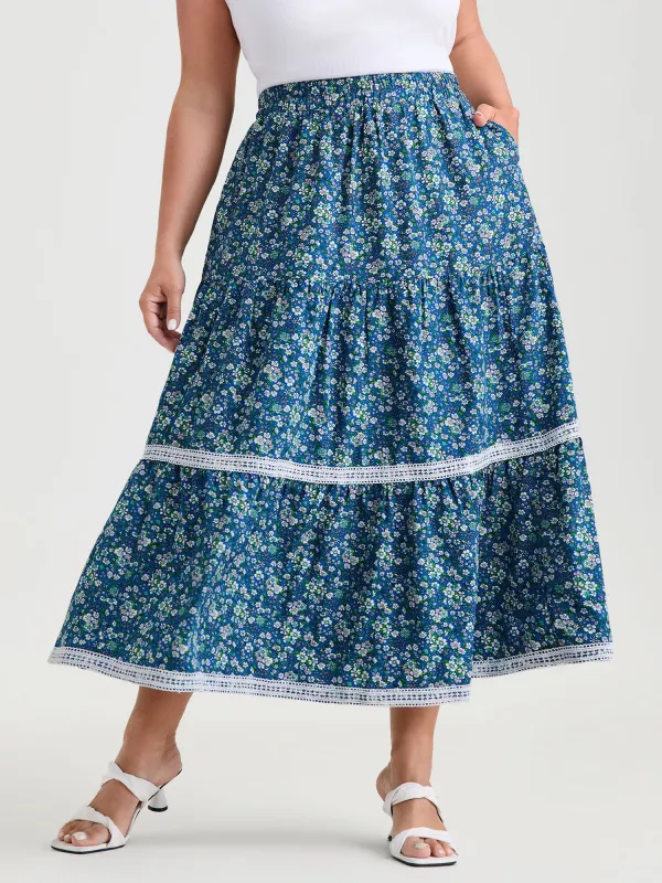 Floral Print Lace Trim Flowy Maxi Skirt made by Bloomchic
