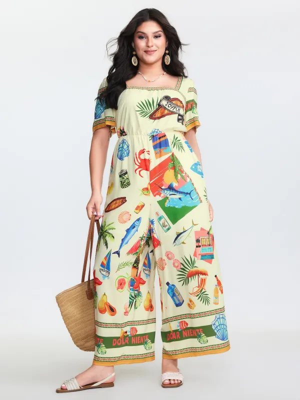 Island Print Square Neckline Jumpsuit made by Bloomchic