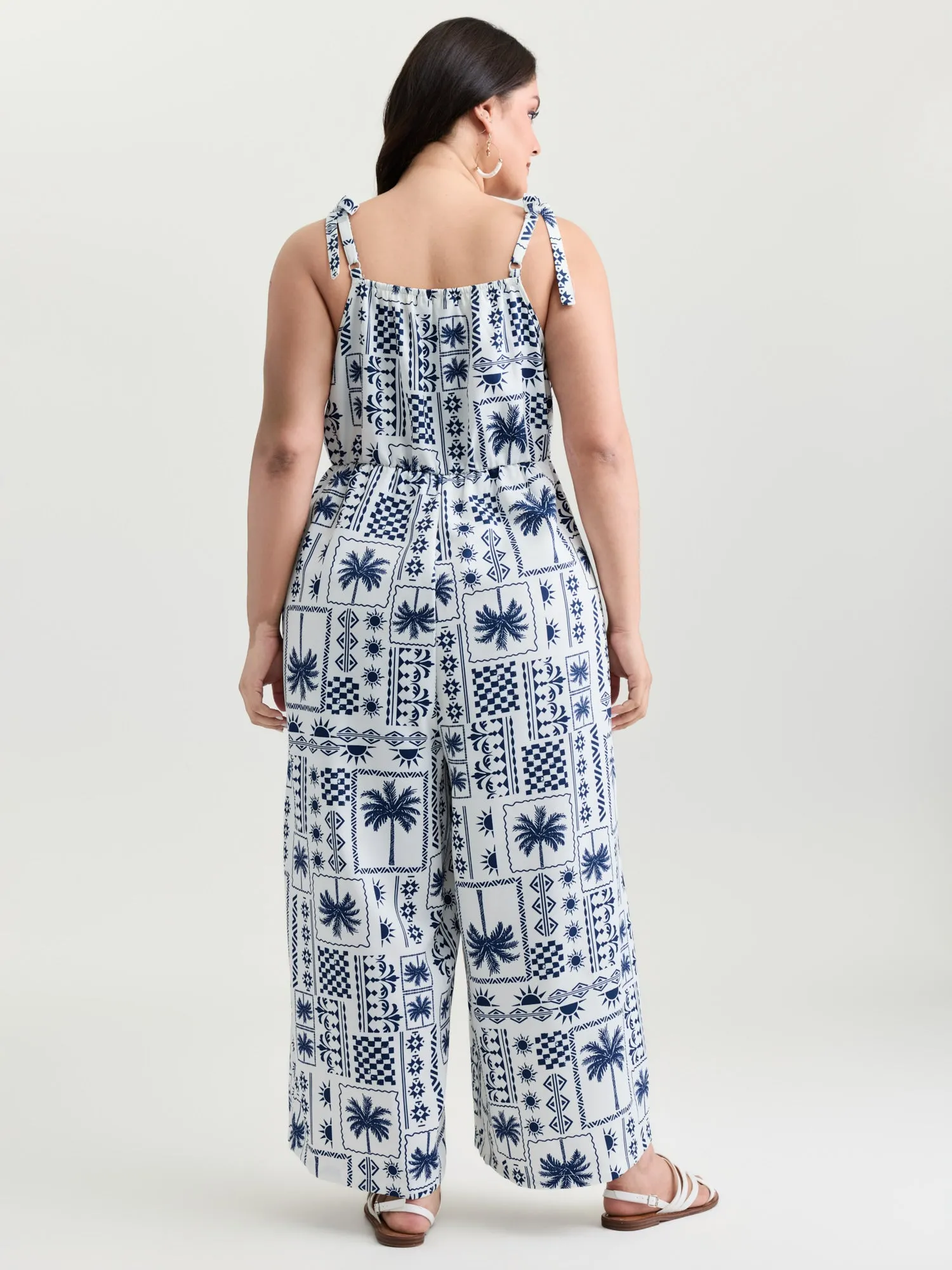 Tropical Print Shoulder-Tie Wide-Leg Jumpsuit sold by Bloomchic product image thumbnail 4