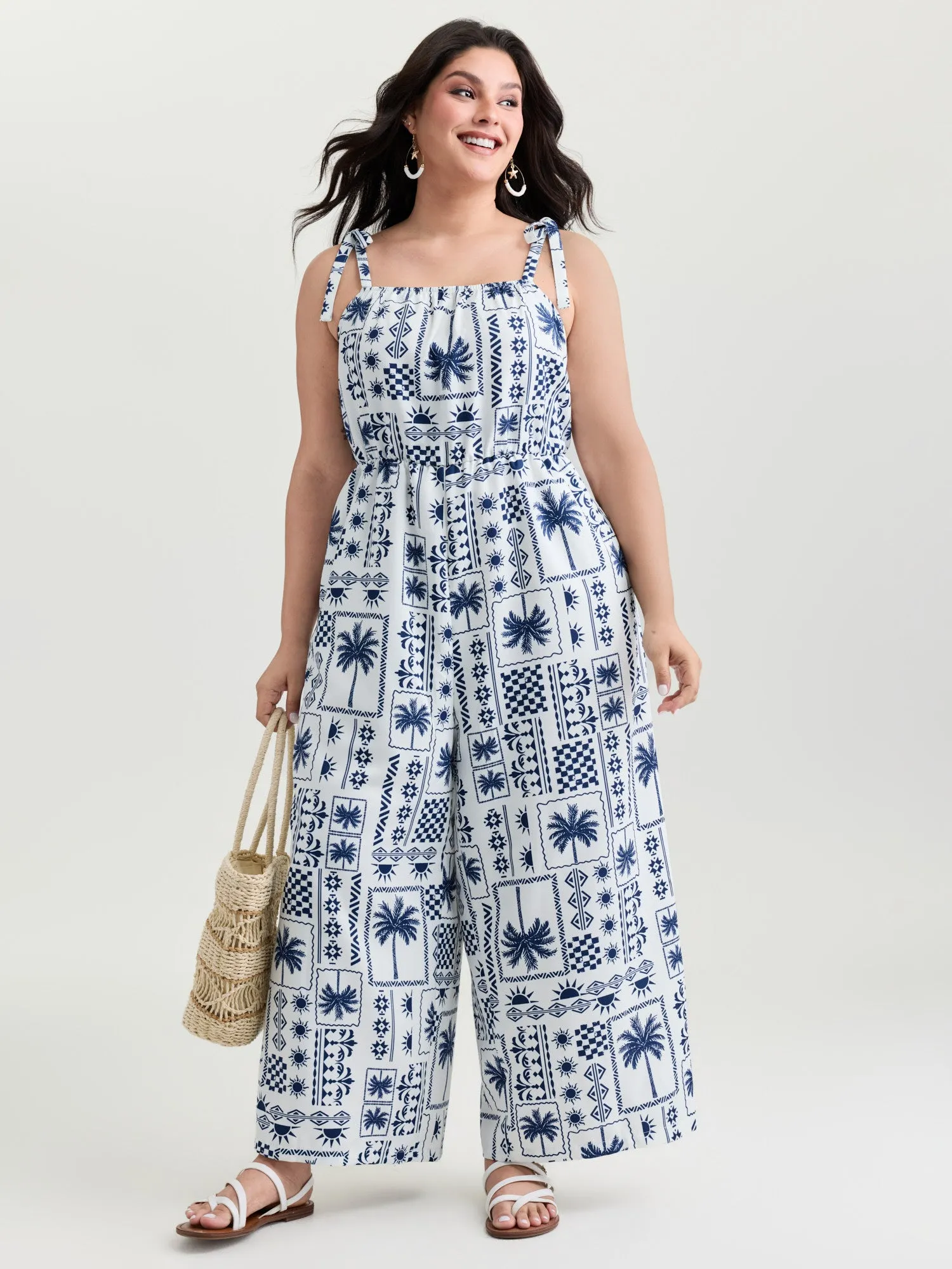 Tropical Print Shoulder-Tie Wide-Leg Jumpsuit sold by Bloomchic