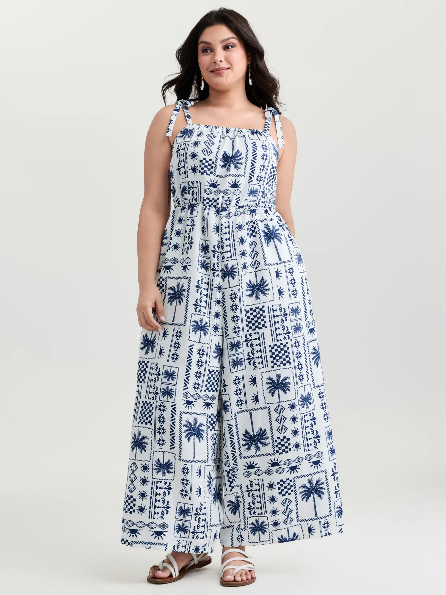 Tropical Print Shoulder-Tie Wide-Leg Jumpsuit sold by Bloomchic product image thumbnail 3