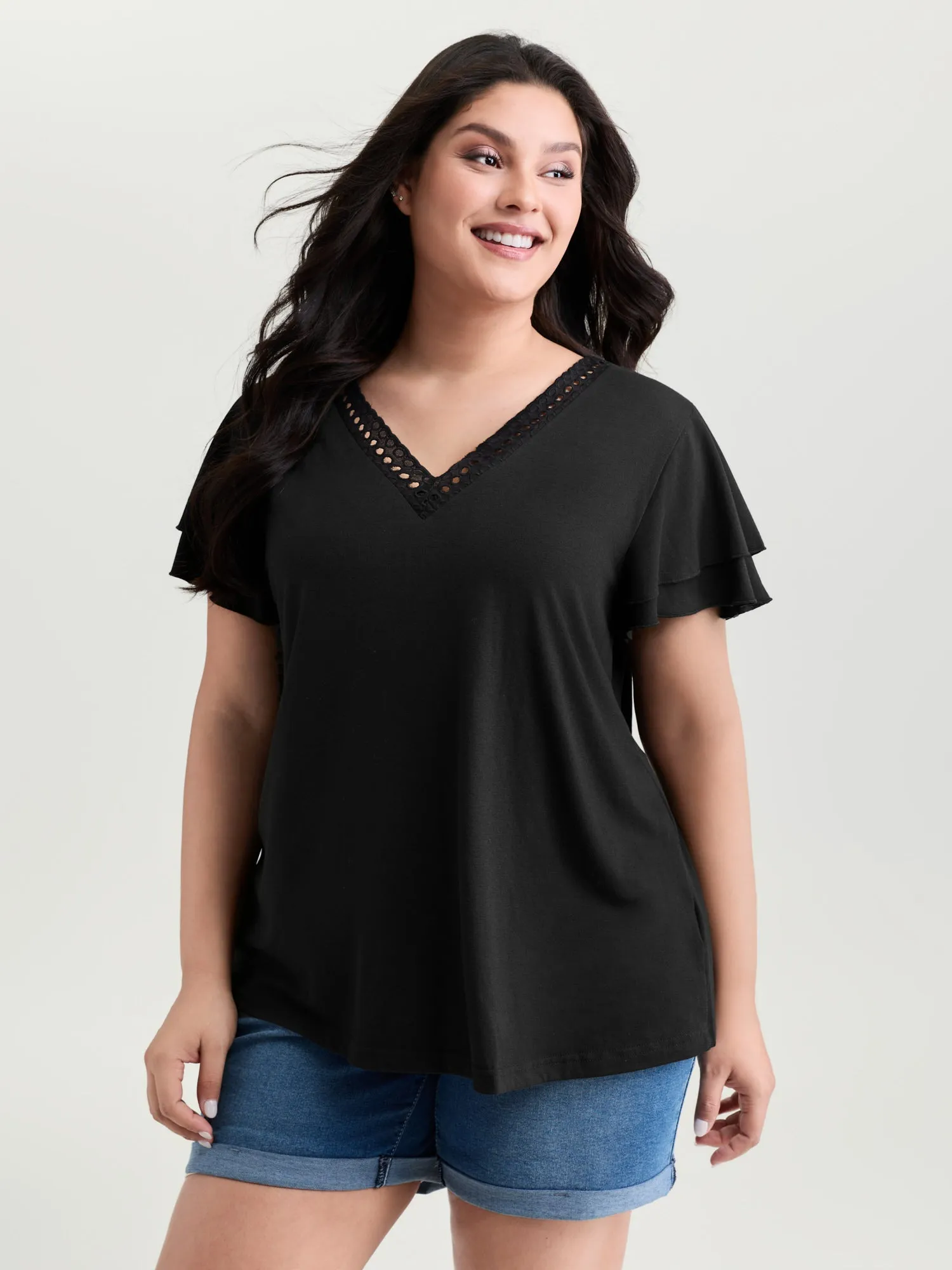 Supersoft Lace Trim Layered Sleeve T-Shirt sold by Bloomchic product image thumbnail 2