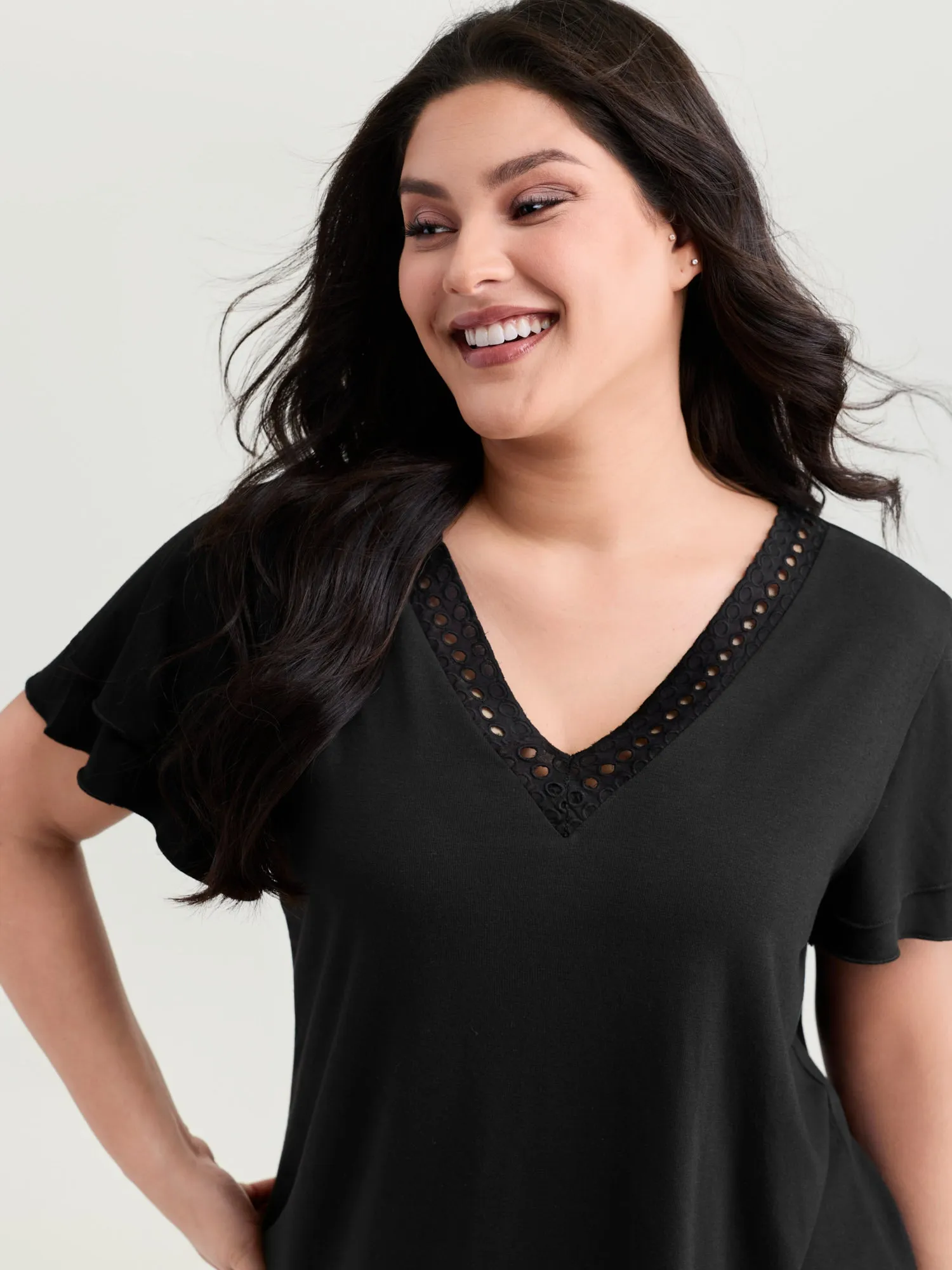 Supersoft Lace Trim Layered Sleeve T-Shirt sold by Bloomchic