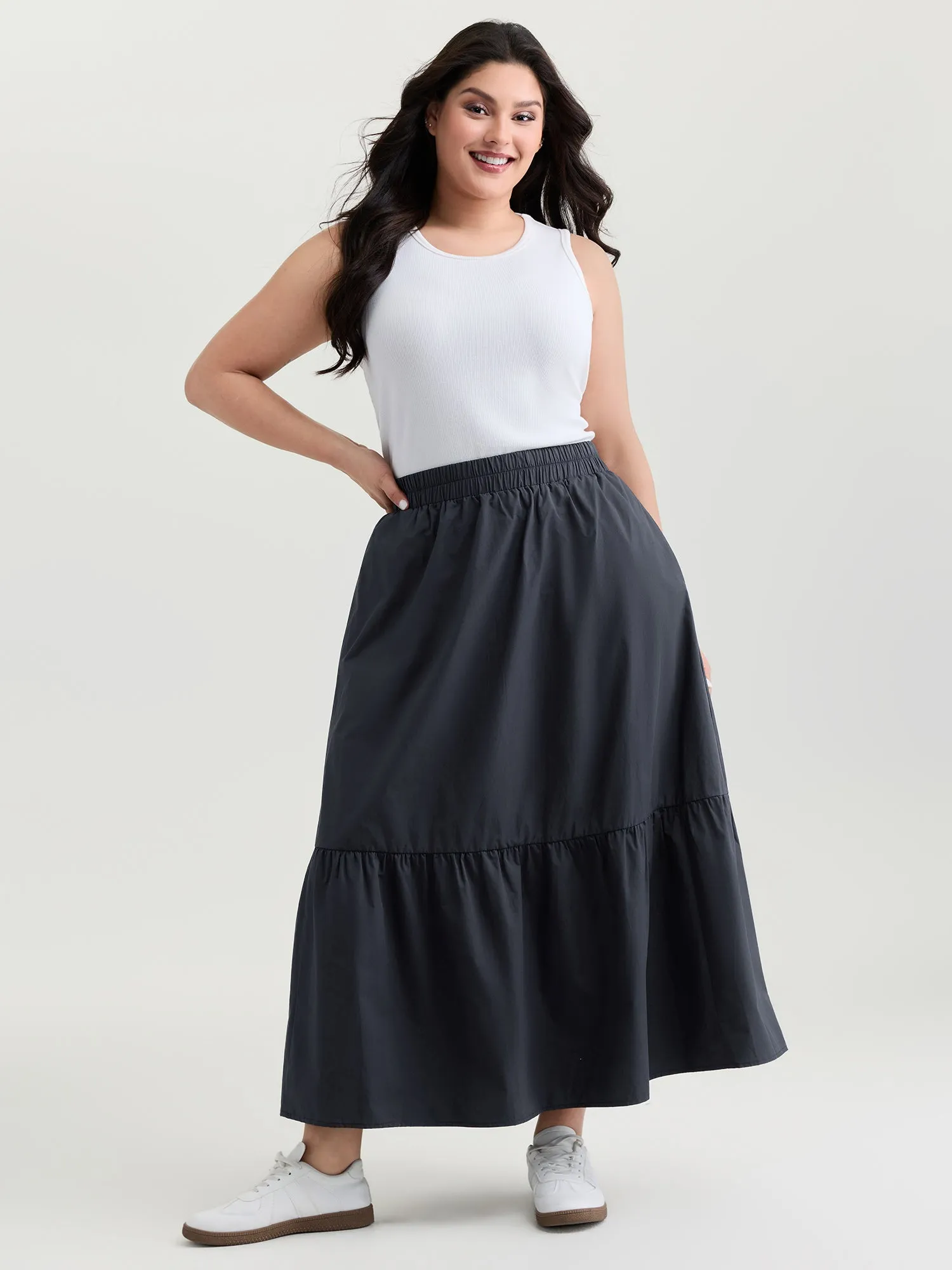 Pure Cotton Tiered Wide-Waistband Maxi Skirt sold by Bloomchic