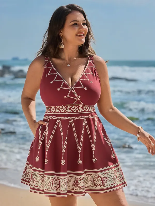 Boho Print Surplice Neckline Swim Dress made by Bloomchic