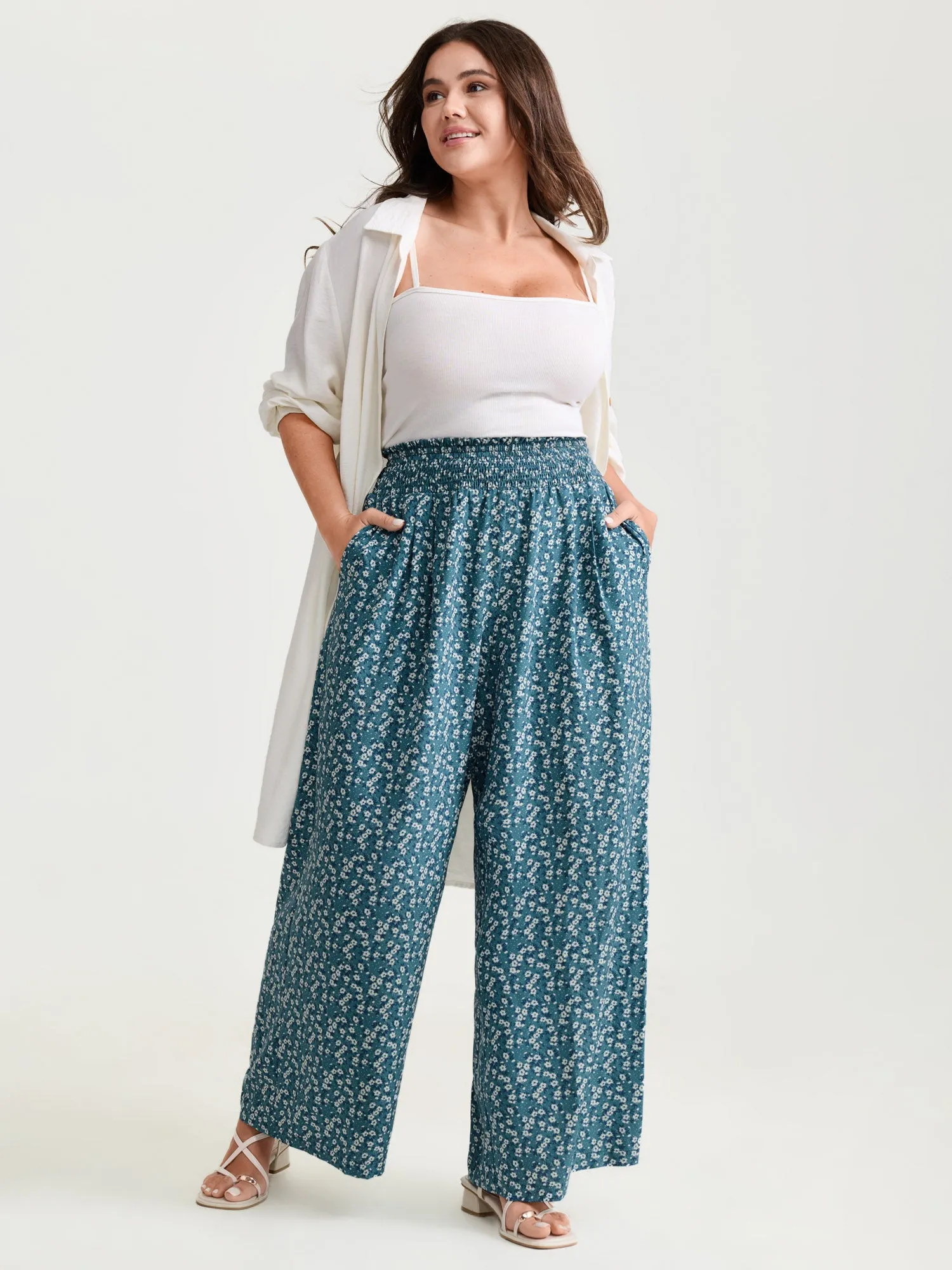 Micro Floral Print Wide Shirred Waistband Pants sold by Bloomchic