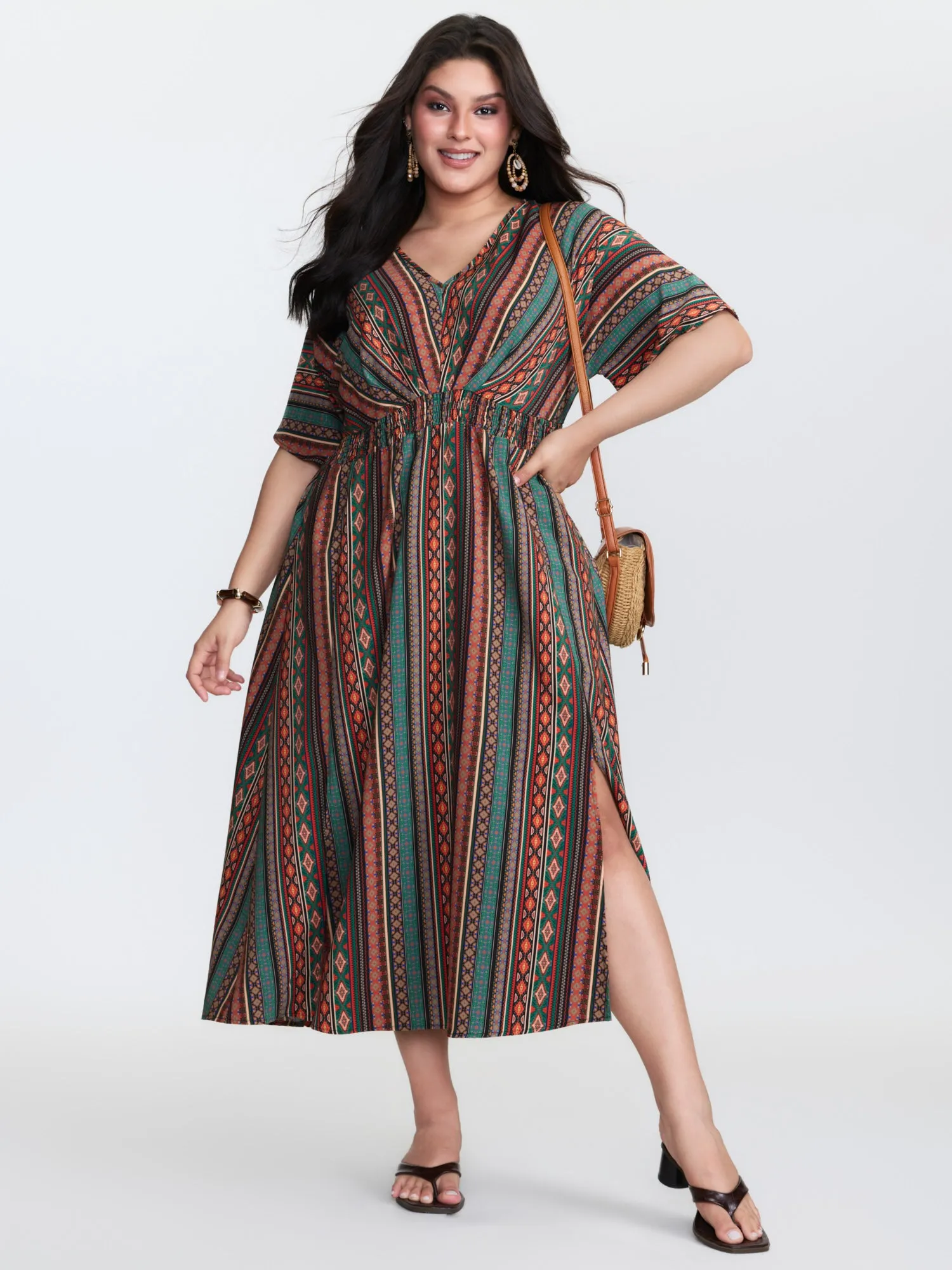 Boho Stripe Print Shirred Waist Midi Dress sold by Bloomchic product image thumbnail 3