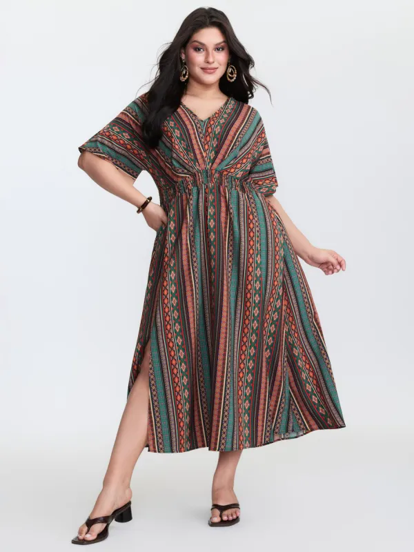Boho Stripe Print Shirred Waist Midi Dress made by Bloomchic