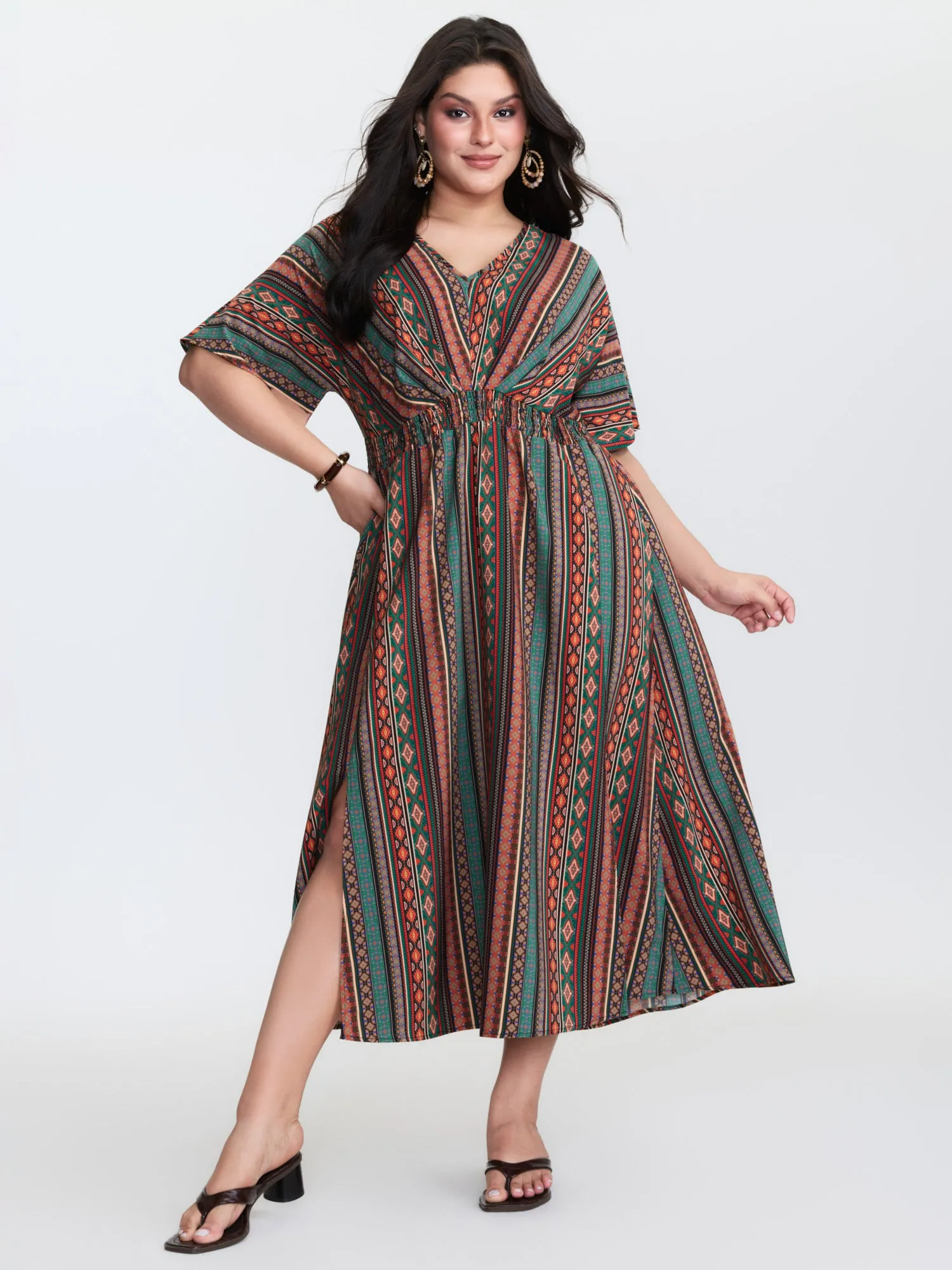 Boho Stripe Print Shirred Waist Midi Dress sold by Bloomchic