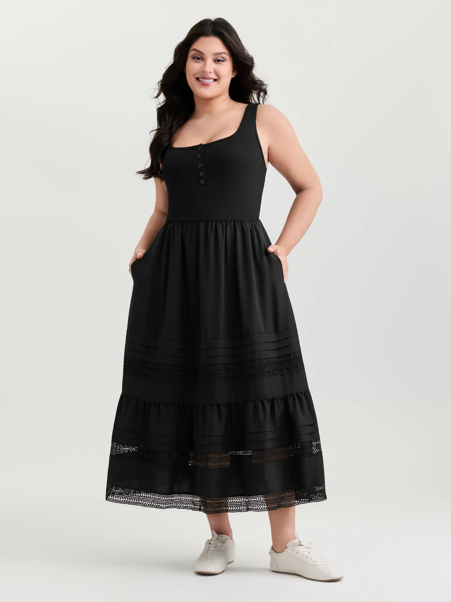 Lace Trim Sheer Button Placket Midi Dress sold by Bloomchic product image thumbnail 3