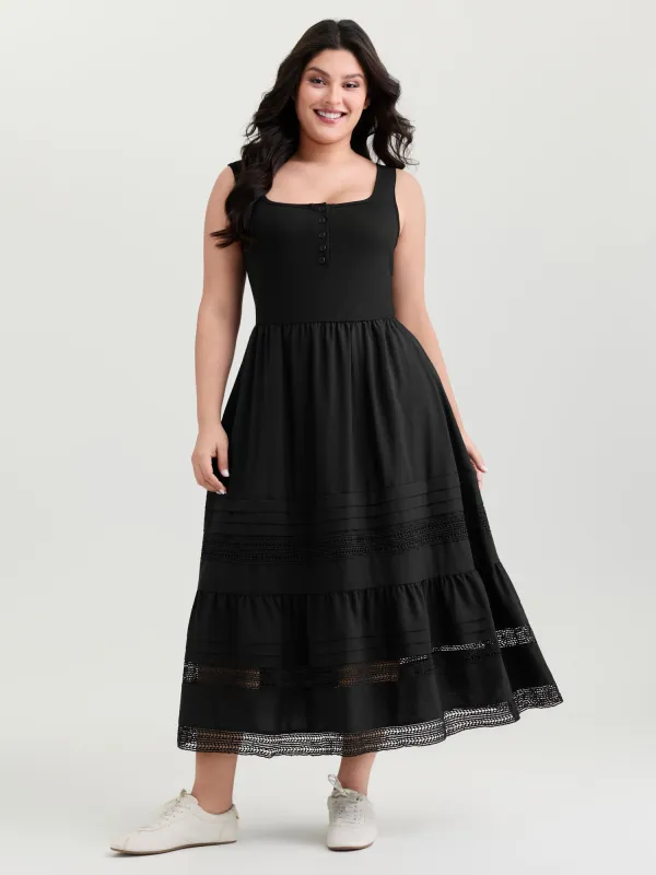 Lace Trim Sheer Button Placket Midi Dress made by Bloomchic