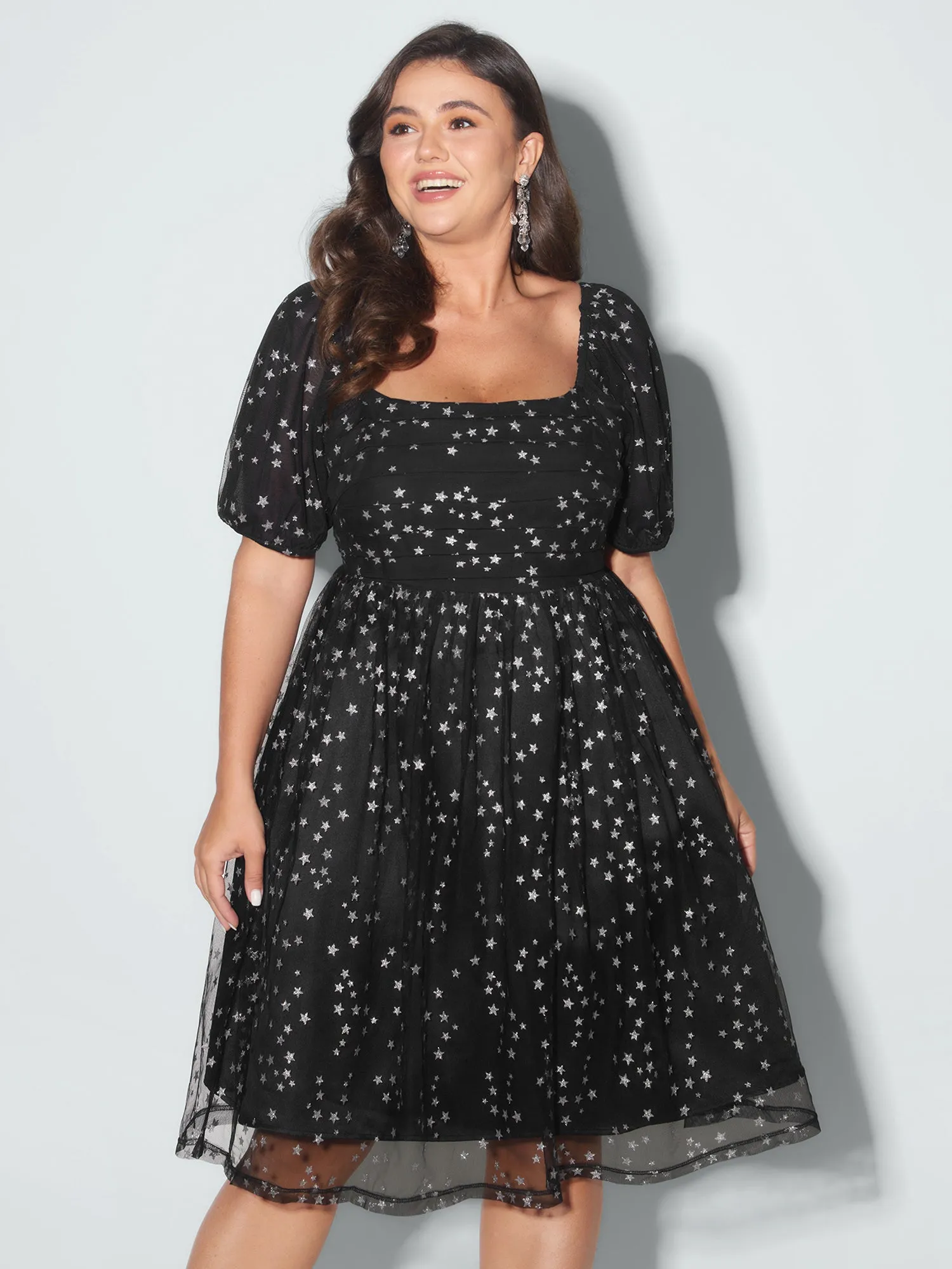 Star Moon Mesh Sequin Fit And Flare Mini Dress sold by Bloomchic