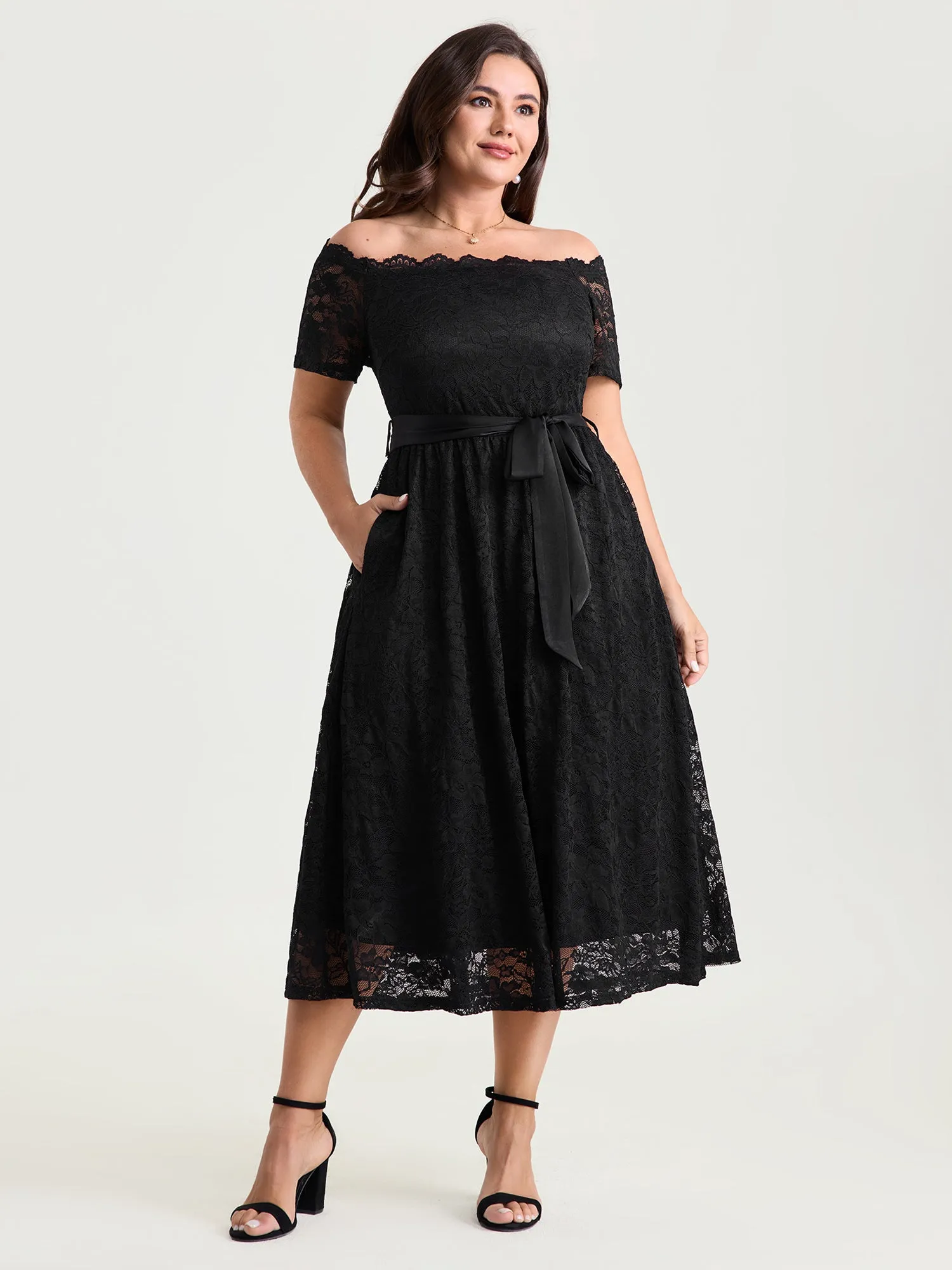Sensational Lace Stretchy Waist Tie Midi Dress sold by Bloomchic