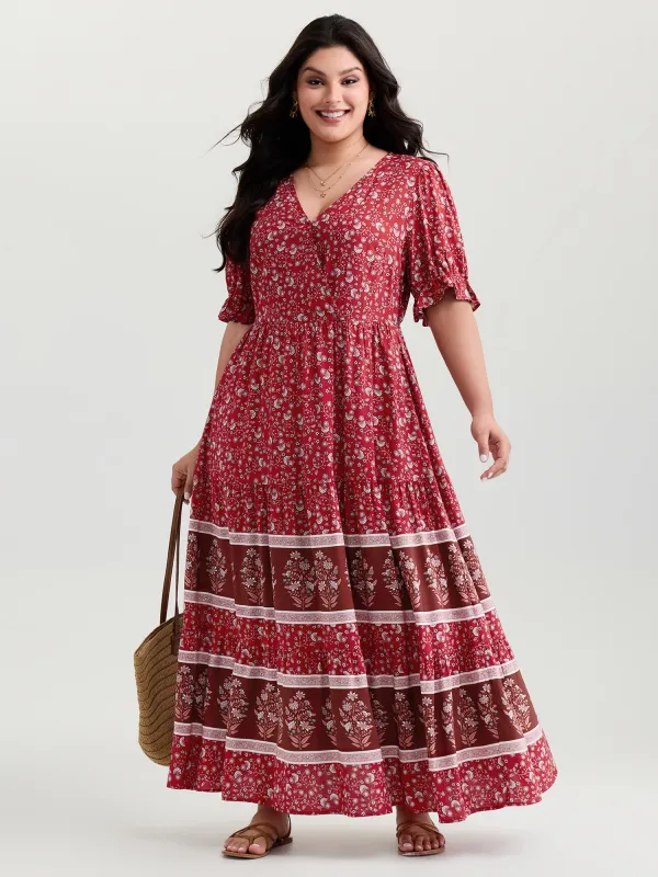 Vibrant Floral Print Color Contrast Maxi Dress sold by Bloomchic