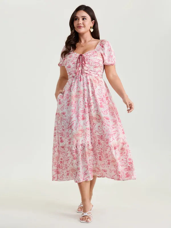 Romantic Floral Ruched Bodice Stretchy Waist Midi Dress made by Bloomchic