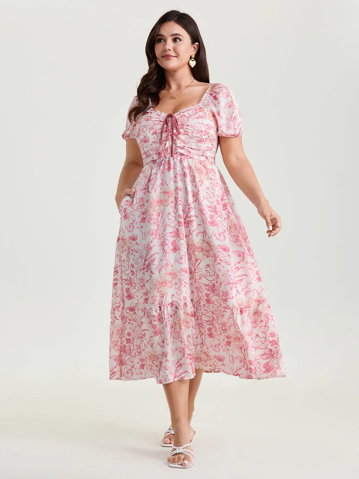 Romantic Floral Ruched Bodice Stretchy Waist Midi Dress sold by Bloomchic