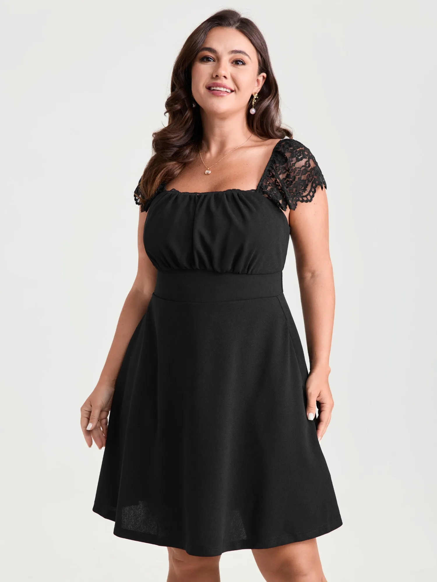 Sheer Lace Sleeve Gathered Cinched-Waist Mini Dress sold by Bloomchic