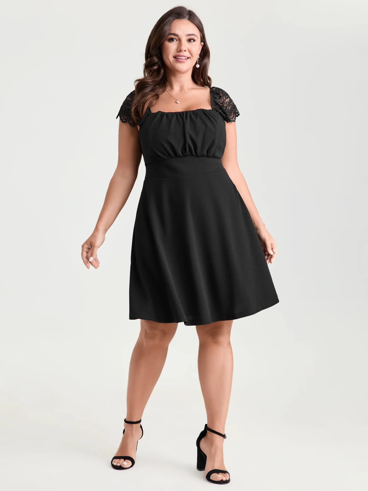 Sheer Lace Sleeve Gathered Cinched-Waist Mini Dress sold by Bloomchic product image thumbnail 3