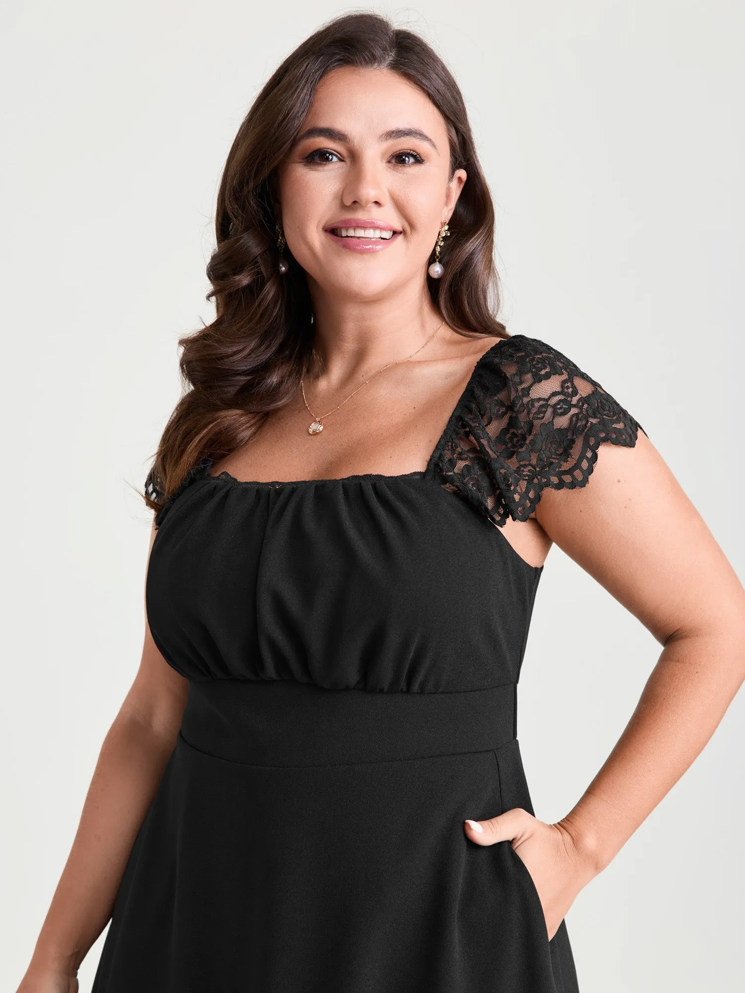 Sheer Lace Sleeve Gathered Cinched-Waist Mini Dress sold by Bloomchic product image thumbnail 2