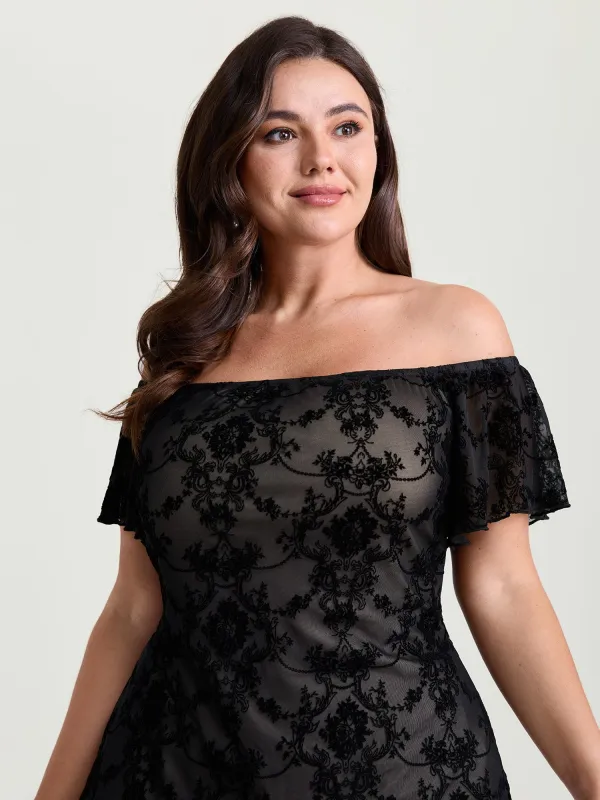 Flocked Floral Off-Shoulder T-Shirt sold by Bloomchic