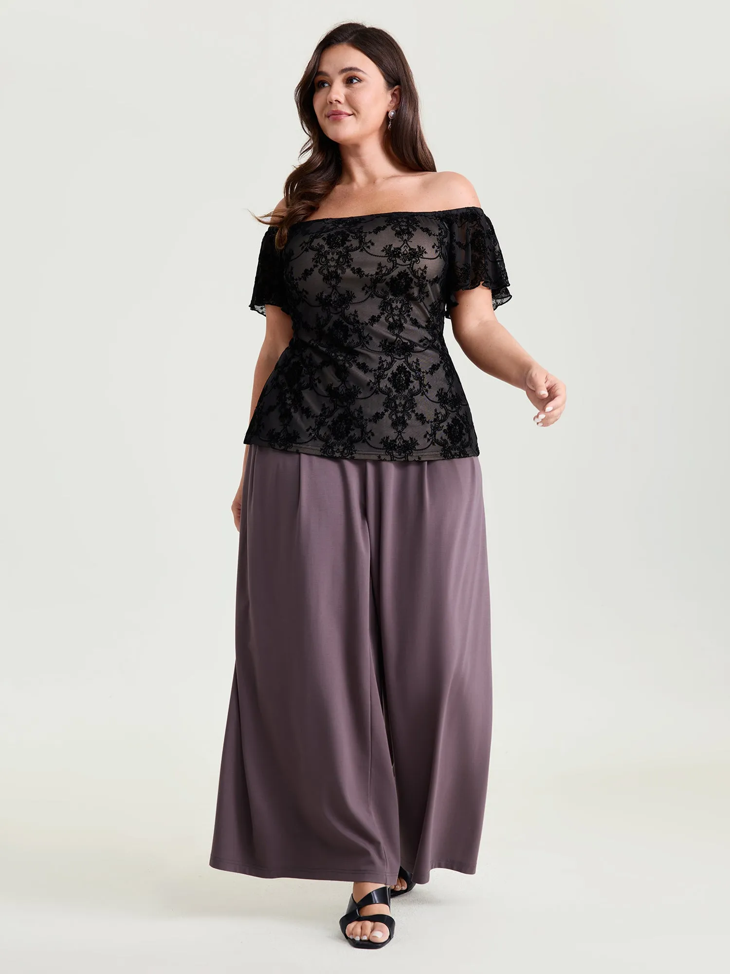 Flocked Floral Off-Shoulder T-Shirt sold by Bloomchic product image thumbnail 3