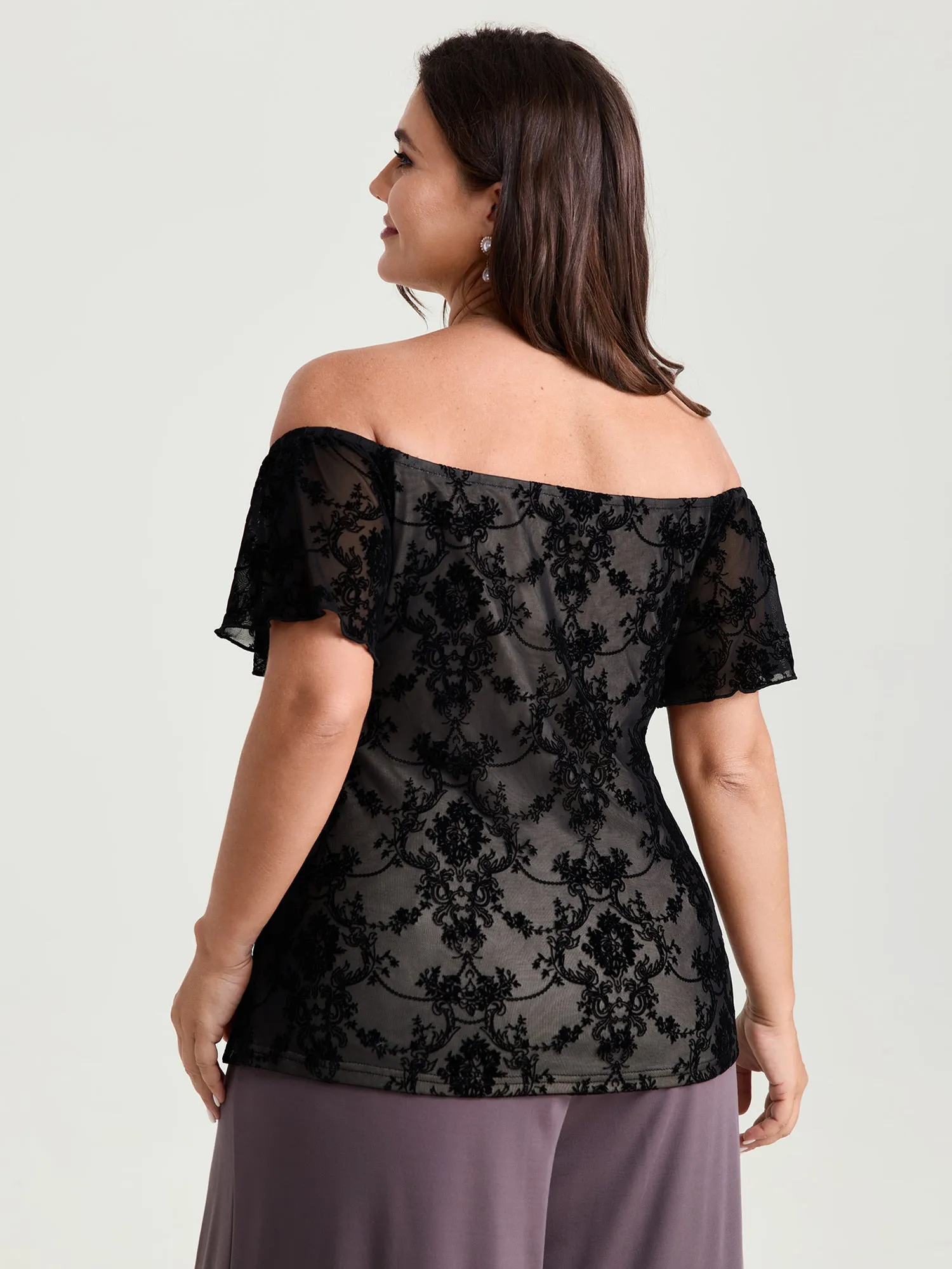 Flocked Floral Off-Shoulder T-Shirt sold by Bloomchic product image thumbnail 4