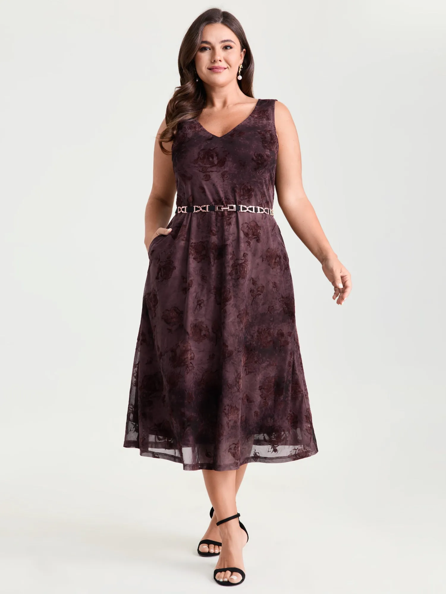 Stretchy Mesh Deep V-Neckline Midi Dress sold by Bloomchic product image thumbnail 3