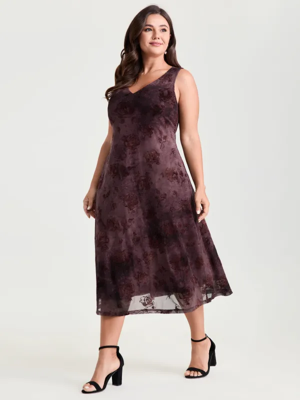 Stretchy Mesh Deep V-Neckline Midi Dress made by Bloomchic
