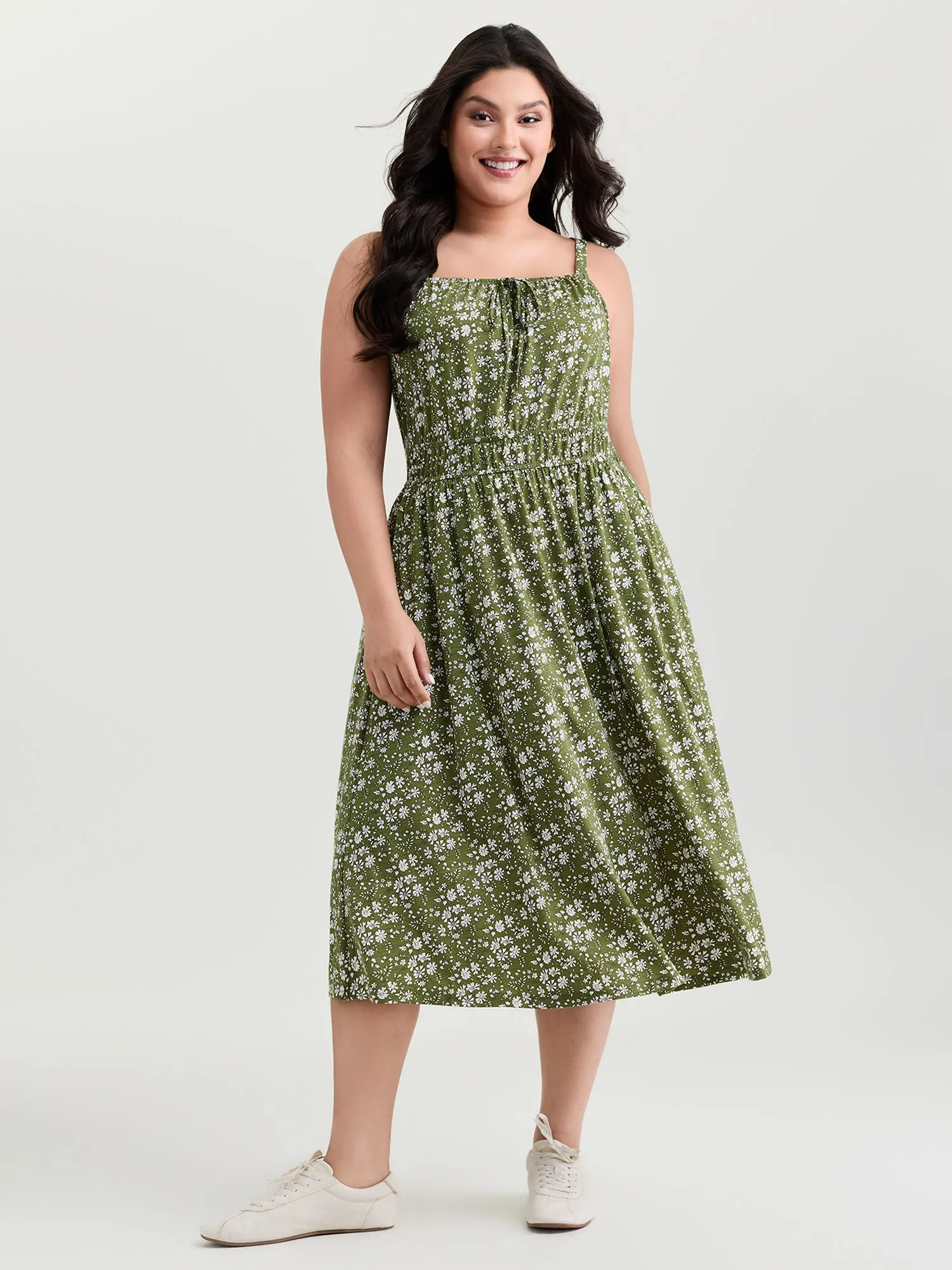 Dense Floral Print Cinched-Waist Midi Dress sold by Bloomchic