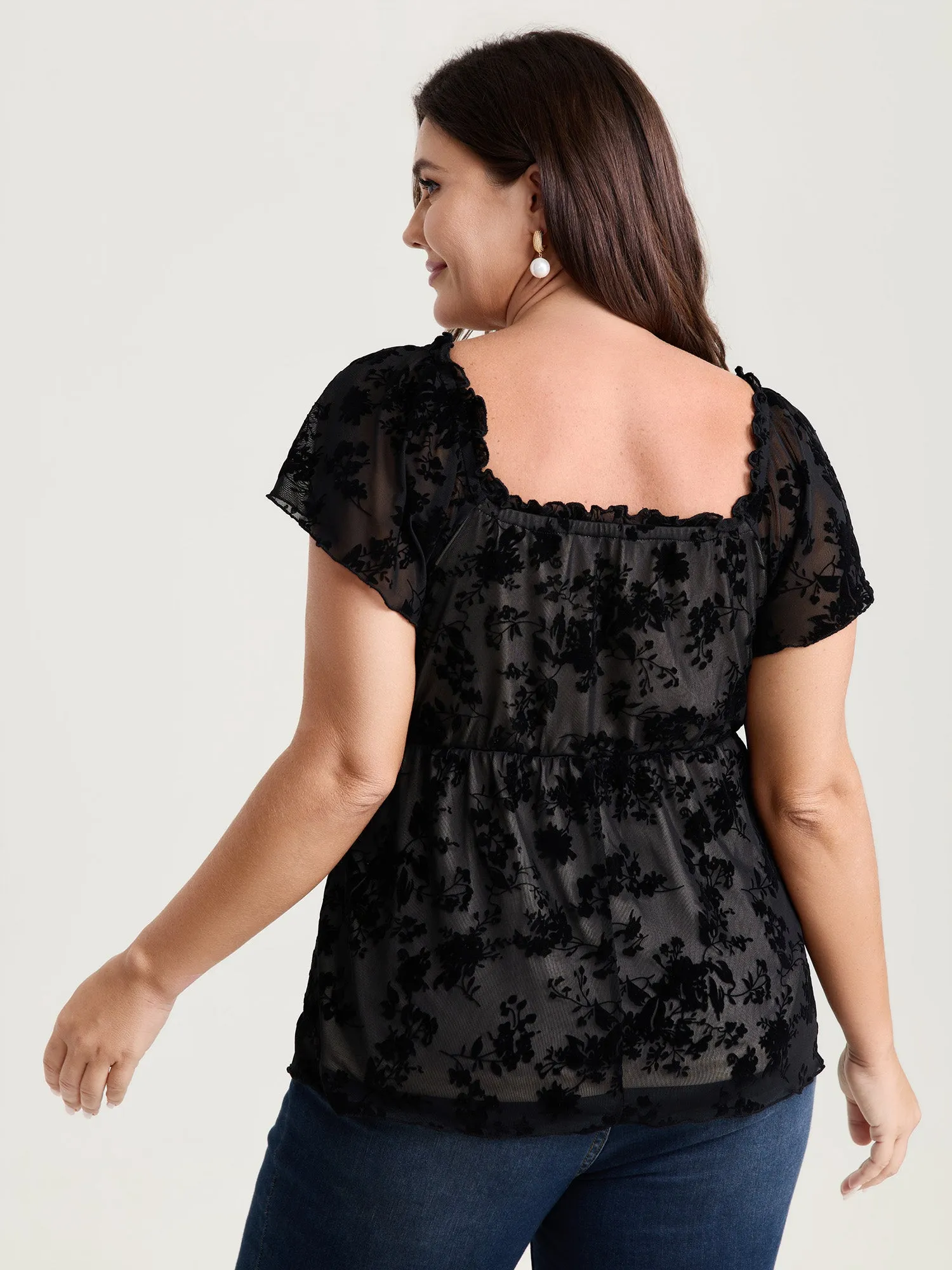 Flocked Floral Drawstring Neckline Knit Top sold by Bloomchic product image thumbnail 4