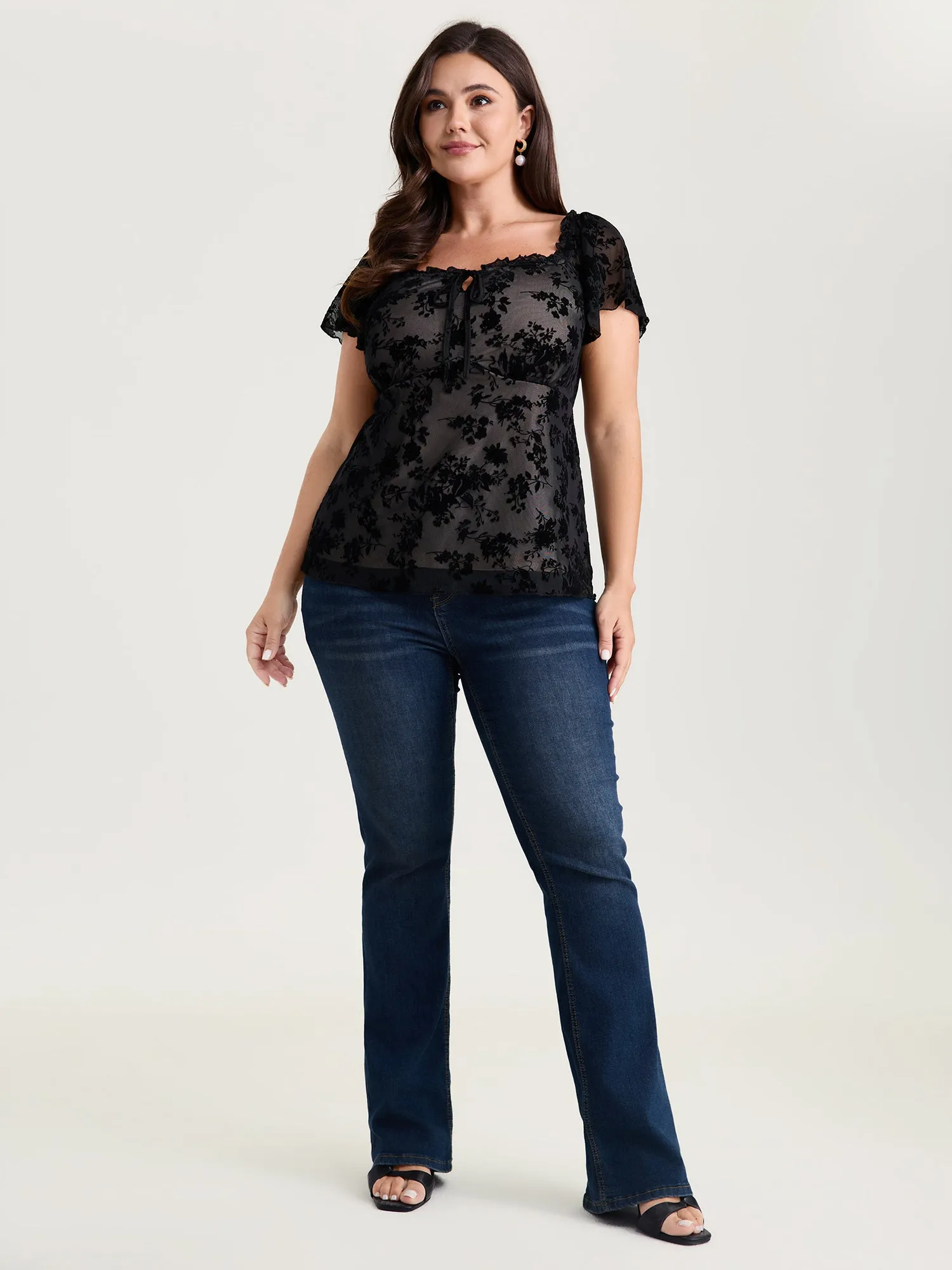 Flocked Floral Drawstring Neckline Knit Top sold by Bloomchic product image thumbnail 3