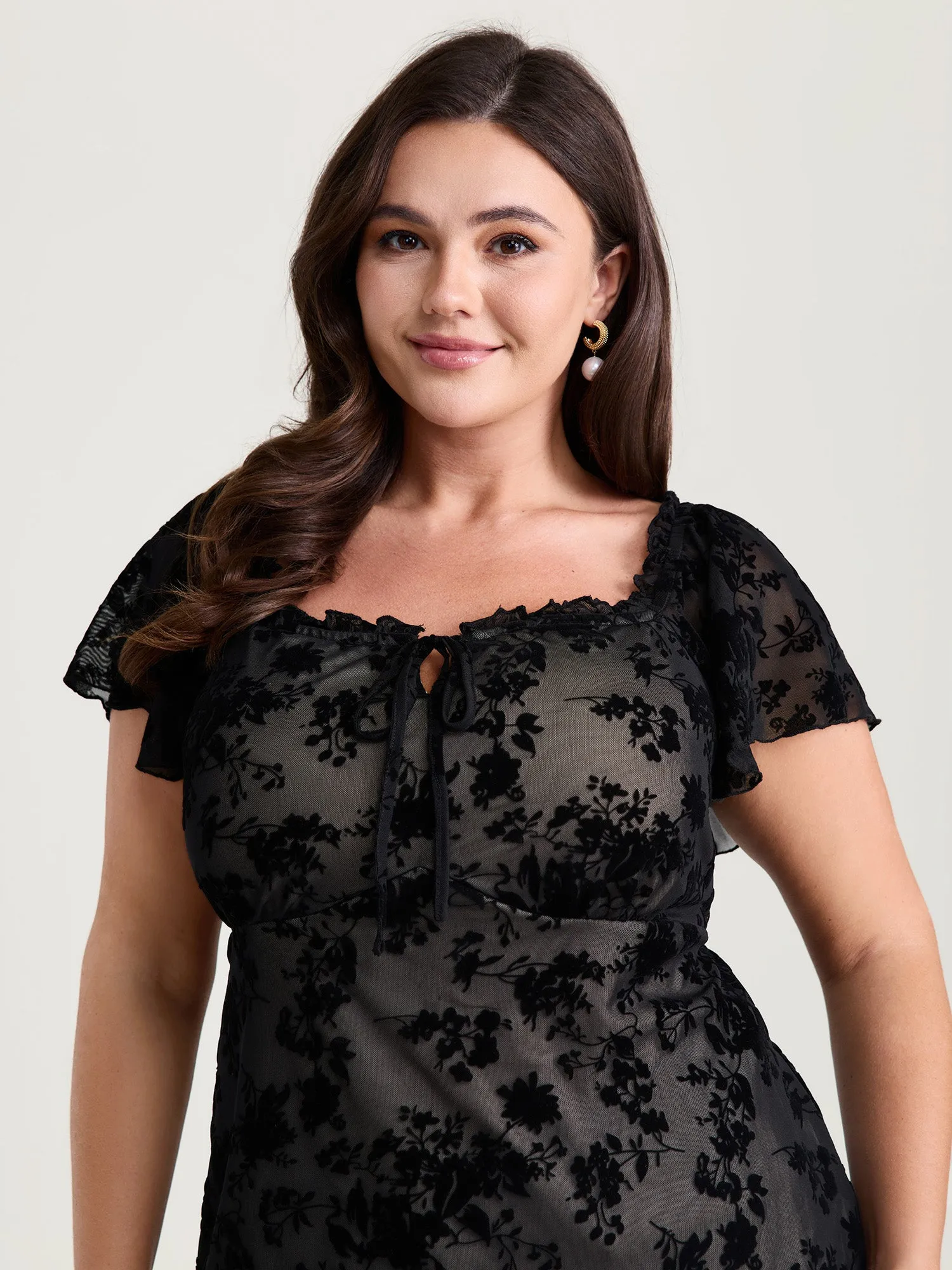 Flocked Floral Drawstring Neckline Knit Top sold by Bloomchic product image thumbnail 2