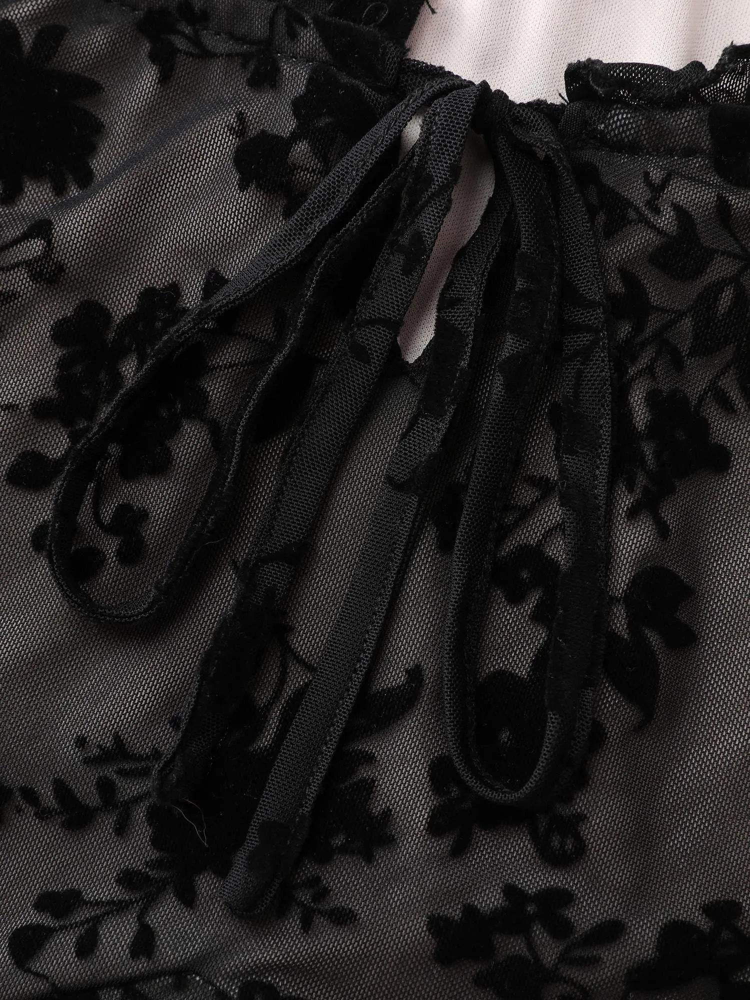 Flocked Floral Drawstring Neckline Knit Top sold by Bloomchic product image thumbnail 5