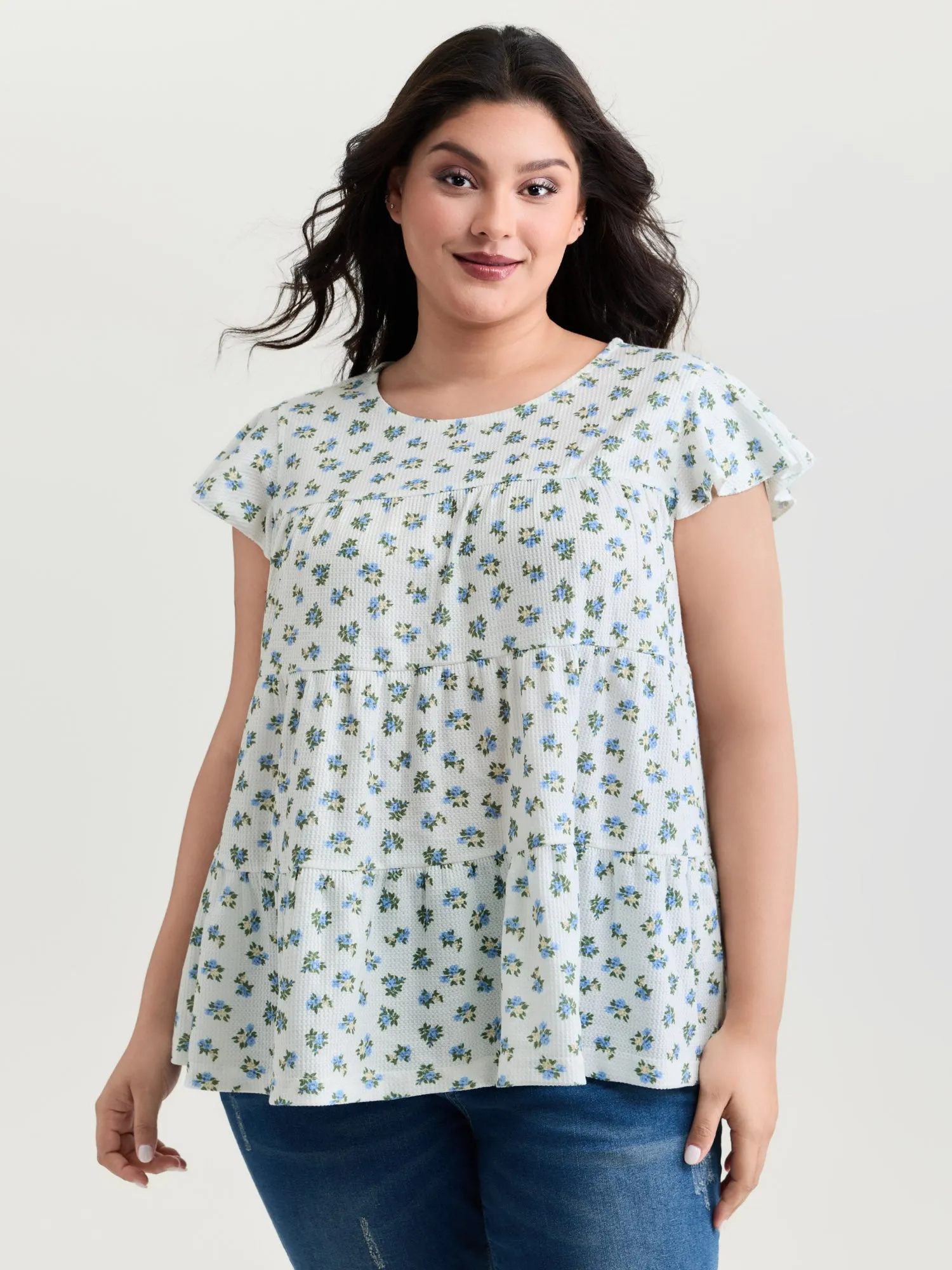 Floral Print Ruffled Sleeve Tiered Knit Top sold by Bloomchic