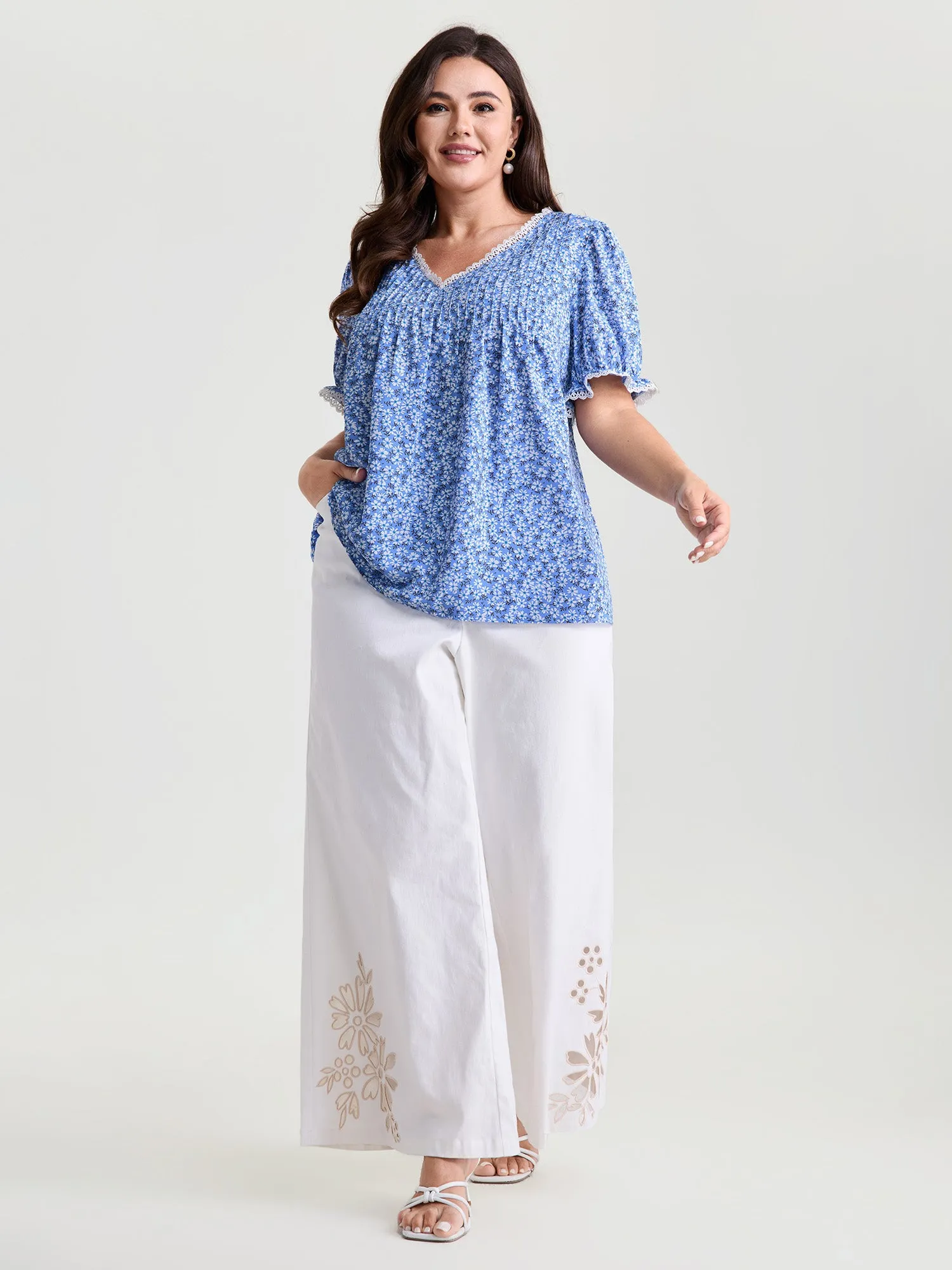 Micro Floral Print Lace Trim Blouse sold by Bloomchic product image thumbnail 3